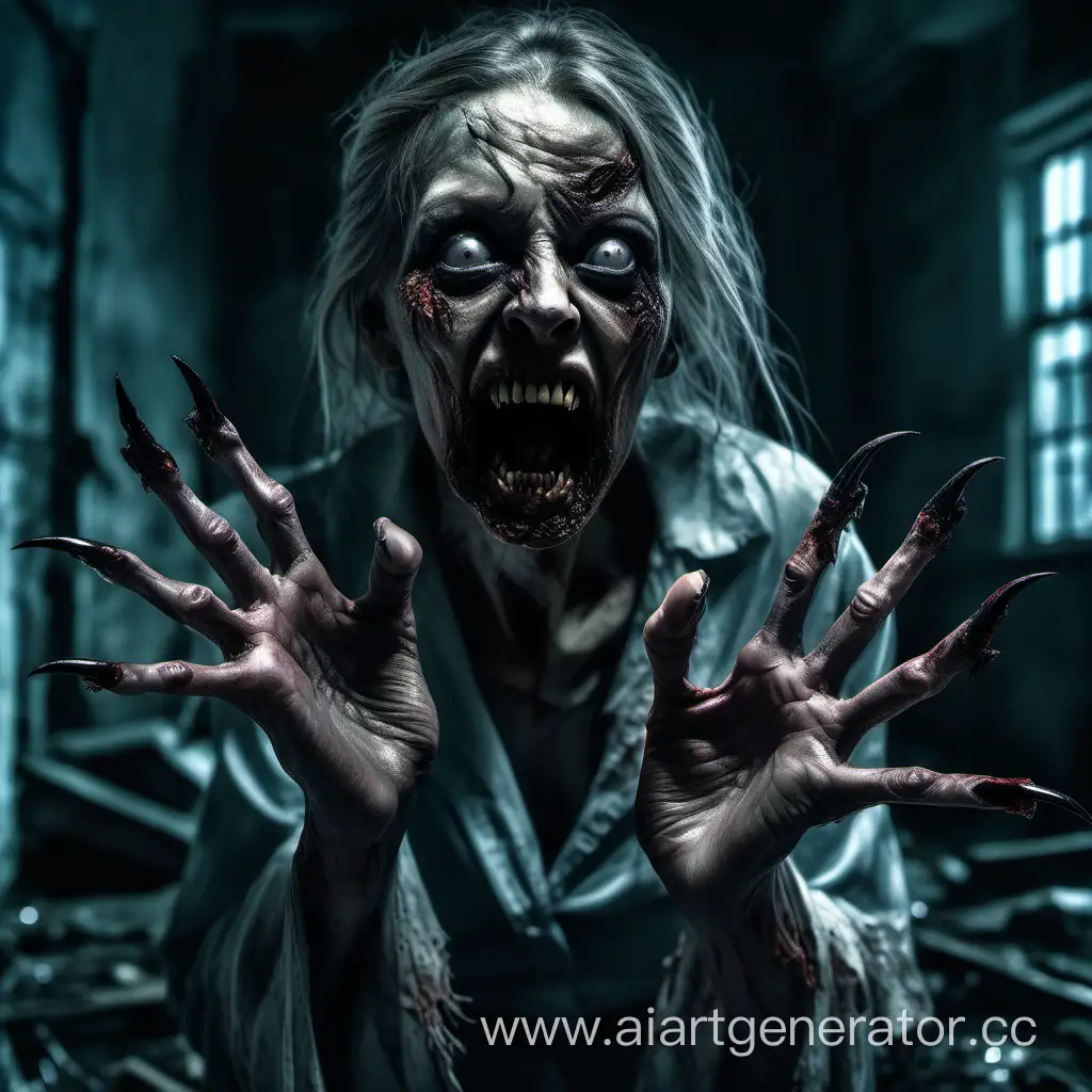 A Terrible Zombie woman with long curved pointed nails protruding from her fingers like menacing claws, she looks like a who has climbed out of the grave, her mouth is threateningly open exposing pointed teeth resembling fangs, The scene takes place at night, in an abandoned building, hyper-realism, photorealistic, cinematic, high detailed, nails detailed, detailed photo,horror, atmospheric lighting, full anatomical. human hands, very clear without flaws with five fingers, detailed claws.
