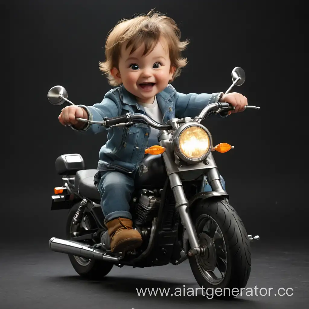 Младенец радостный едет на мотоцикле, чёрный фон 