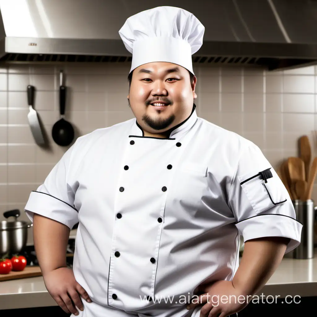 Сгенерируй очень толстого повара азиата мужского пола на фоне кухне с малой бородой и среднего роста в форме повара без колпака в более светлых оттенках 