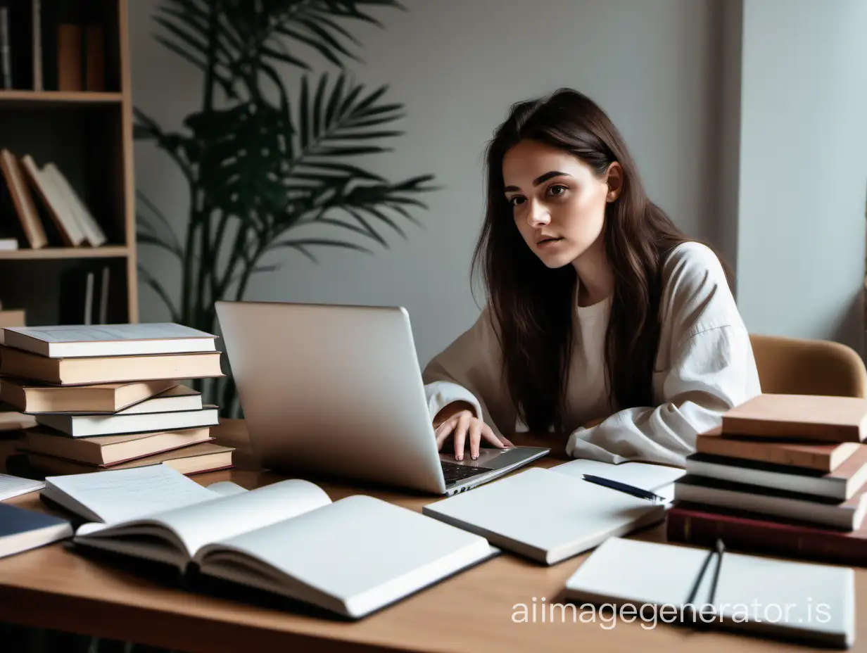 photo aesthetics of studying, student life, books and notebooks are piled on the table, a laptop, a woman sitting at the table, brunette, looking ahead