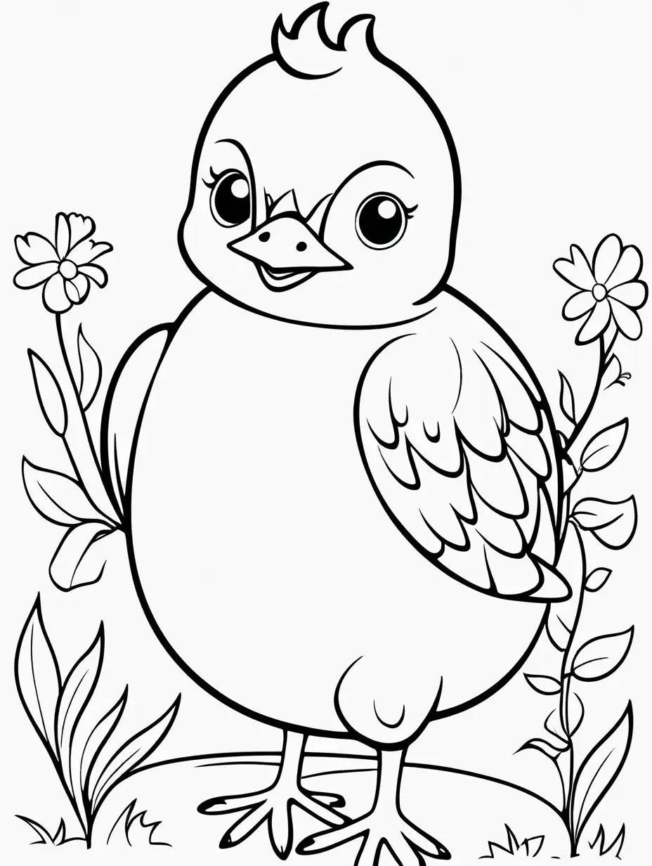 Very easy coloring page for 3 years old toddler. Fairytale chick. Without shadows. Thick black outline, without colors and big  details. White background.
