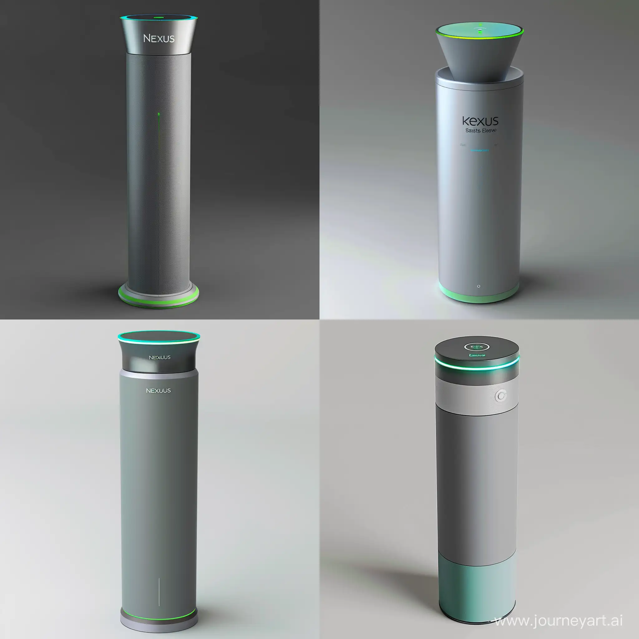 "Design the Nexus Smart Energy Beacon, a smart home device that marries sustainability with modern elegance. It should have a cylindrical shape with a tapered top, constructed from matte silver or slate grey recycled aluminum, accented with soft green or blue biodegradable plastics. The design features an LED ring at its top for energy usage indicators and ambient lighting. Standing 15 cm tall with a base diameter of 8 cm, it includes a touch-sensitive top and a minimalistic OLED screen for displaying energy stats and tips. The device’s logo, simple and modern with a hint of green, underscores its eco-friendly focus. Visualize the Nexus as a centerpiece of smart home technology, highlighting its sleek form, environmental commitment, and intuitive interaction, designed to seamlessly blend into and enhance the modern smart home."realistic style