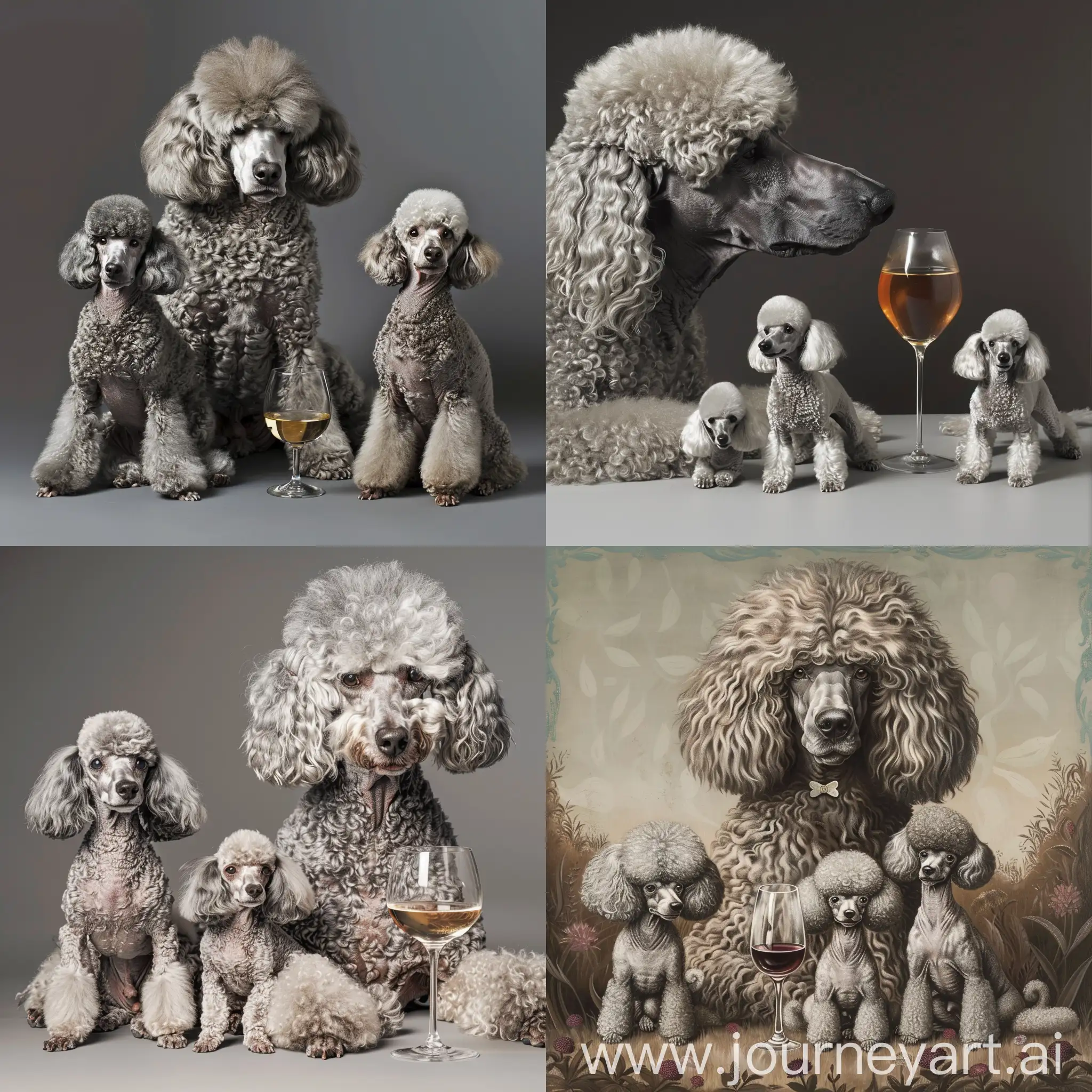 Three miniature silver poodles  and a big silver poodle with a glass of wine