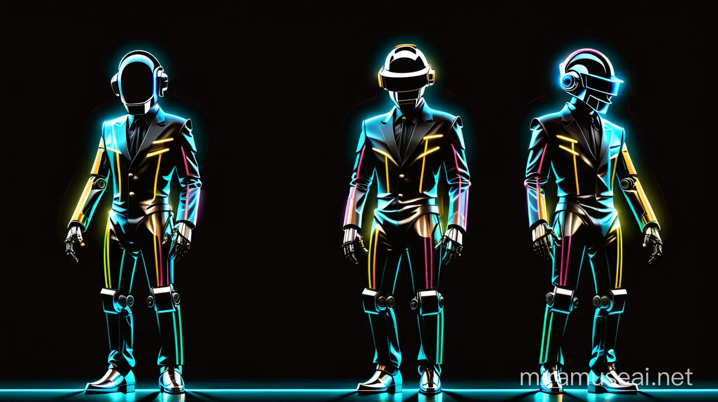 futuristic disco daft punk robot with neon lines against a black background, dancing full body shot