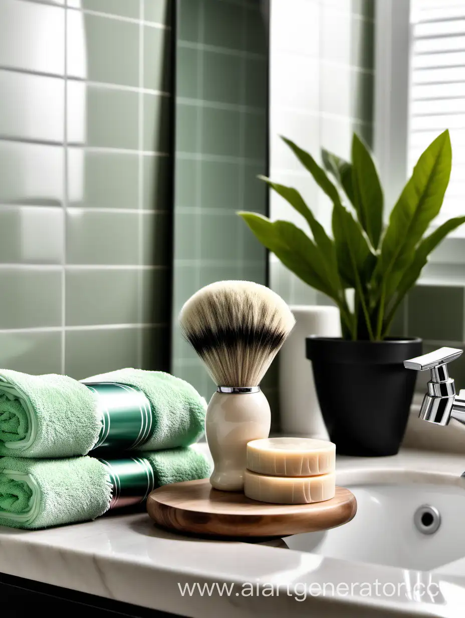 мыло для бритья и помазок,  полотенце на столешнице   в ванной комнате на фоне полотенца и растение 

