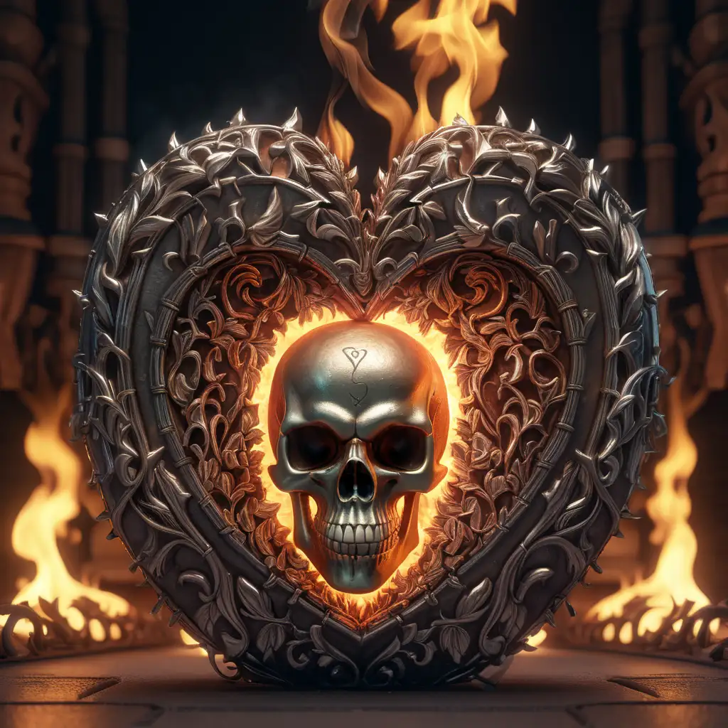 Metallic Heart and Skull Emerging from Fiery Furnace