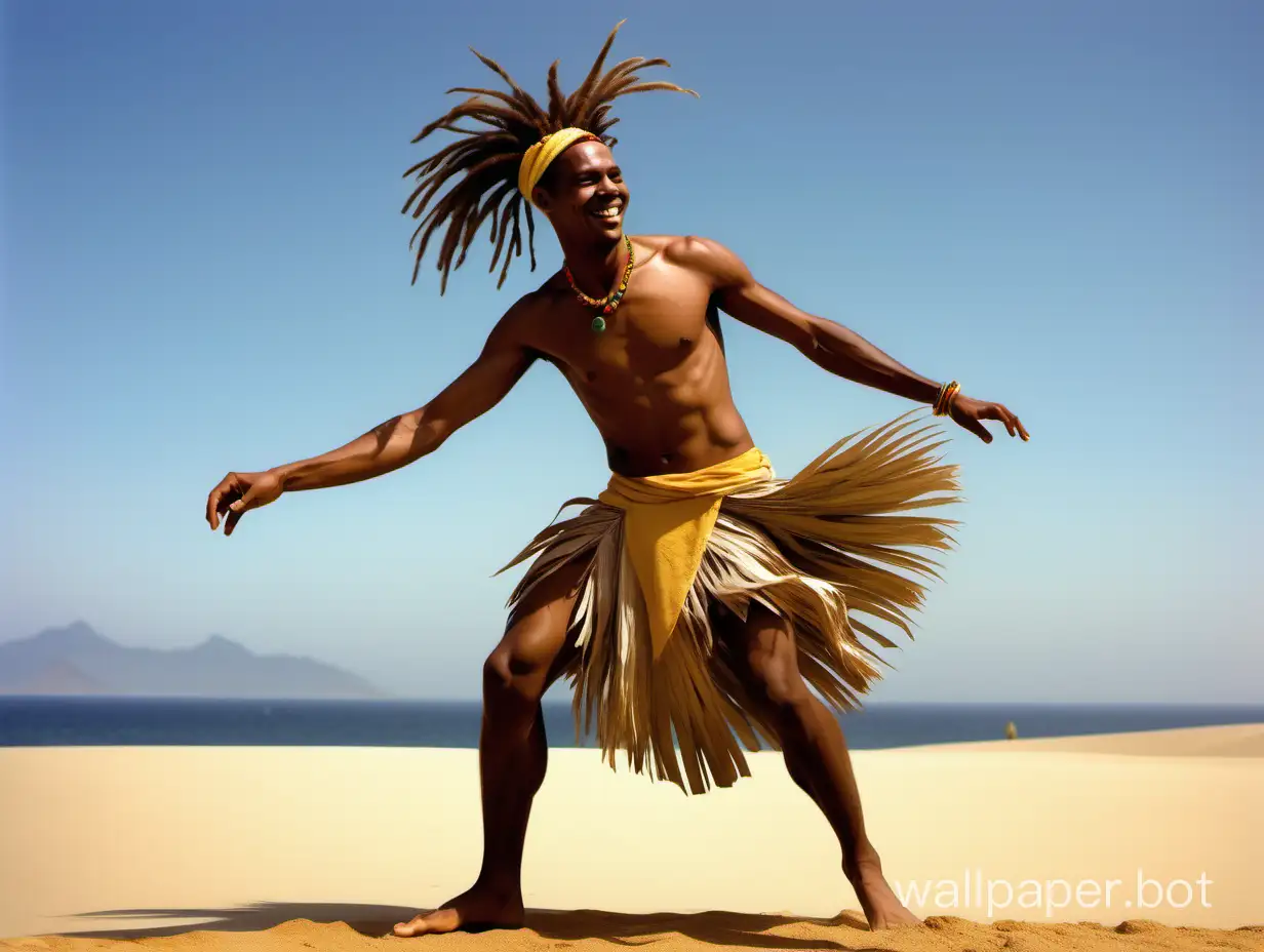 A young man, slim, with dancing hands, expressive fingertips, sunburnt, actively dancing through the desert, the sea is visible in the distance, sideways, leaning forward, very striking poses, yellow sand around, the shadow of a palm tree on the side, dancing Brazilian samba self-forgetfully, naked, with dreadlocks gathered into a high bun, wearing a Brazilian skirt made of palm leaves on the waist, on the hips, dancing barefoot, smiling enthusiastically, sun, desert..