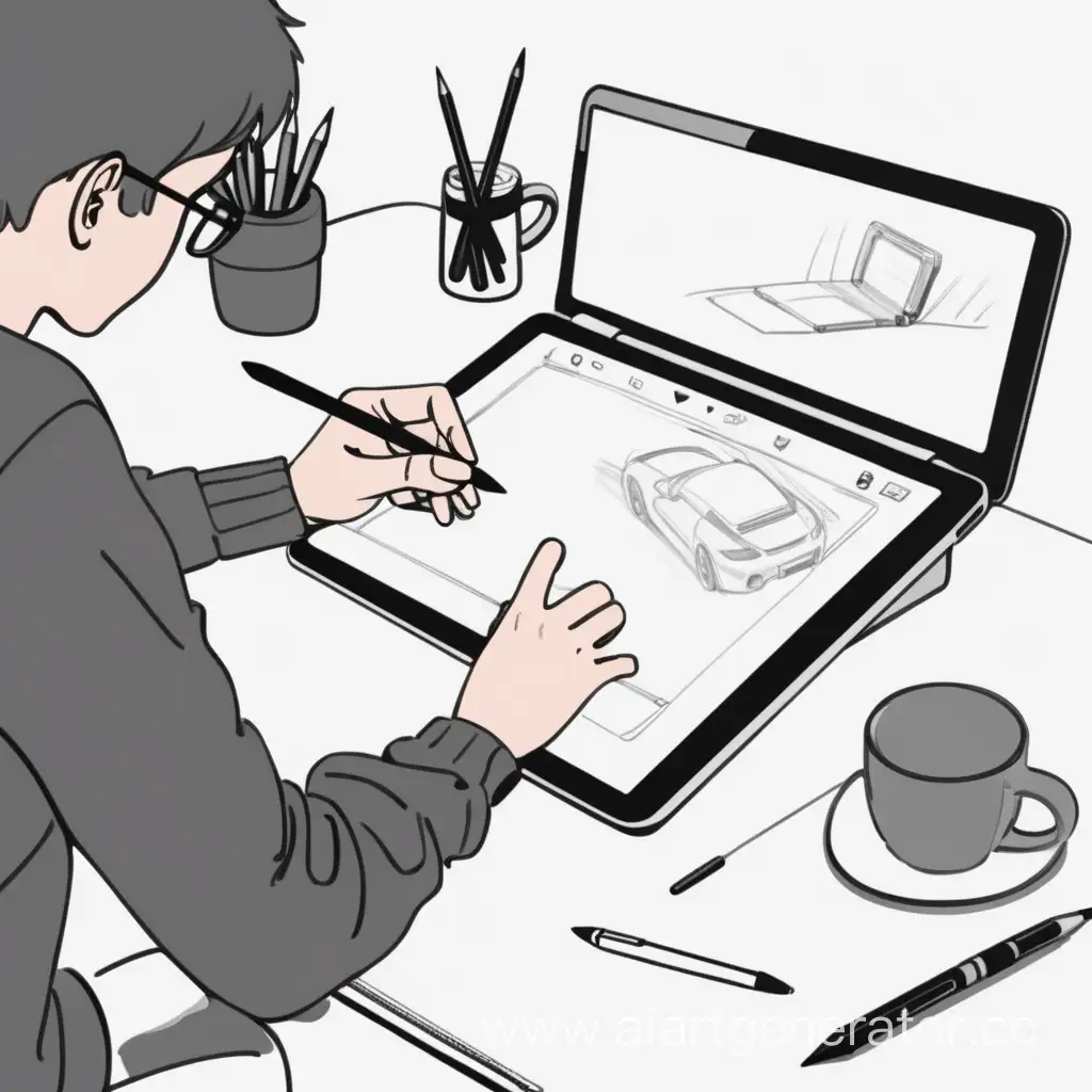 человек  занимается диджитал рисованием, держит в руках стилус  , рядом на столе графический планшет  ,  сидит за ноутбуком. Простой стлиль рисунка