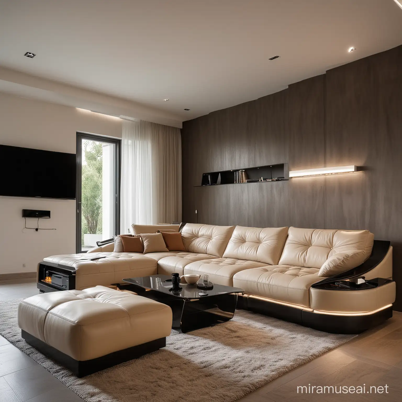 Futuristic Modular Sofa Set in Open Khaki and Anthracite Villa Interior