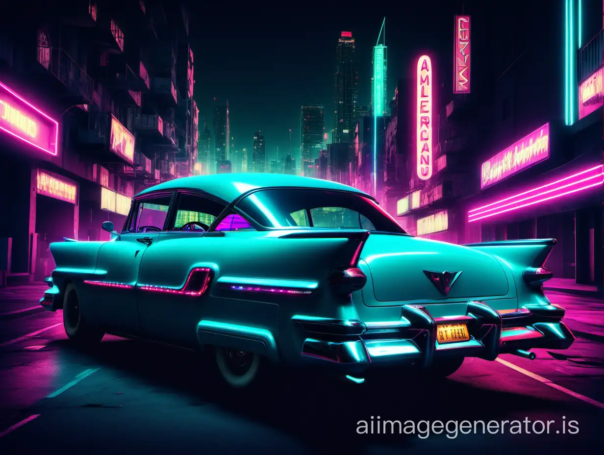 a 50's american cyberpunk car driving in the city at night with neon lights