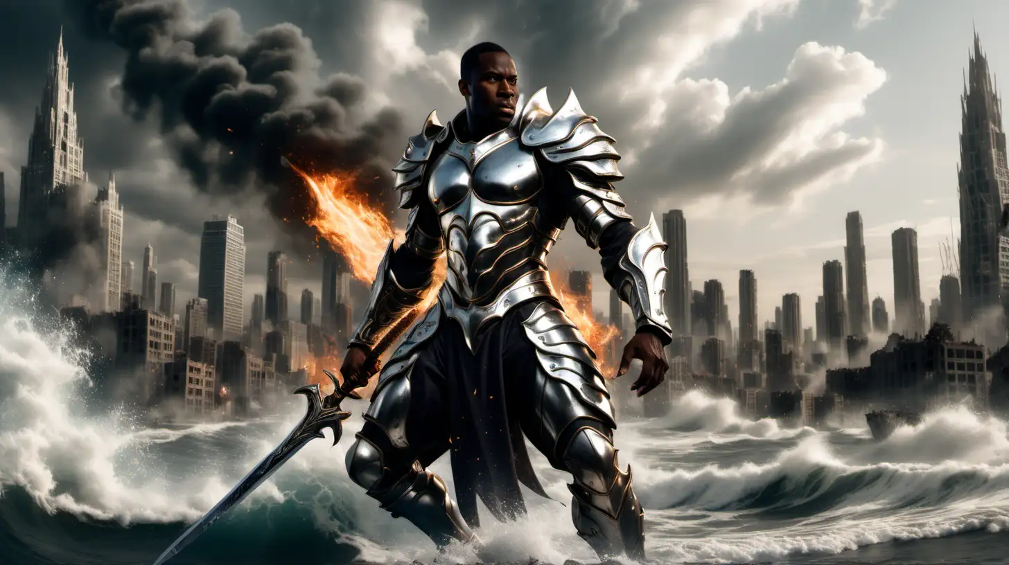 A Powerful Black Warrior Amidst Ruins Wielding a Fiery Great Sword