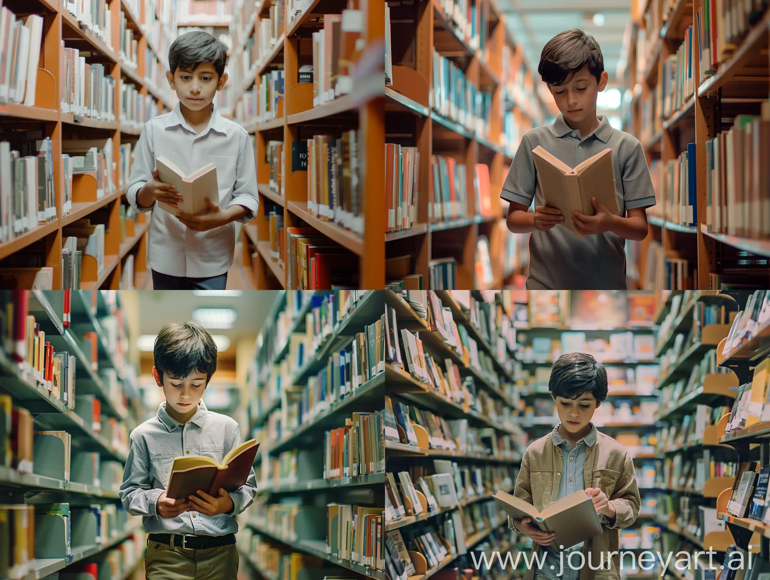 A 10 years boy dark hair  holding a book in a library, and walking between the shelves engrossed in his book. While everything around him looks in still (world in still). Wide shot 35mm film, ARRI. Vivd colors.