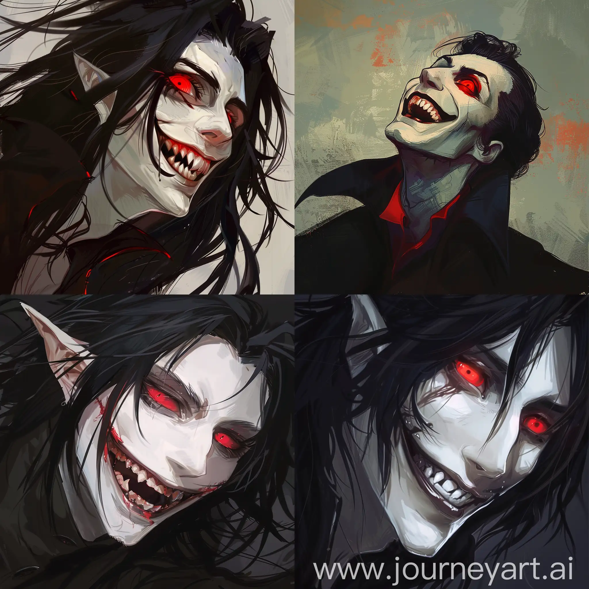 laughing vampire, male, red eyes, tilted right, black hair