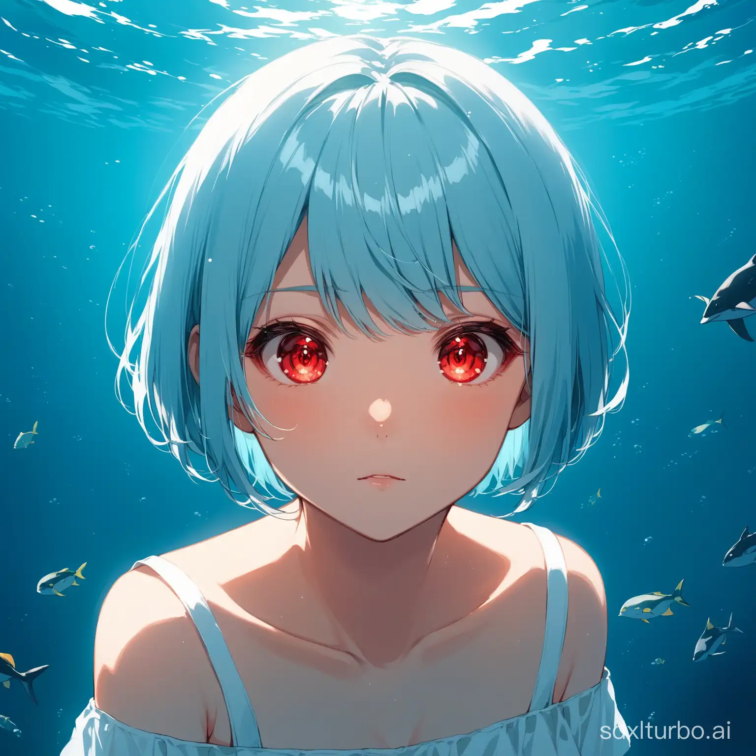 A girl with light blue short hair and red eyes, outdoors in the deep sea