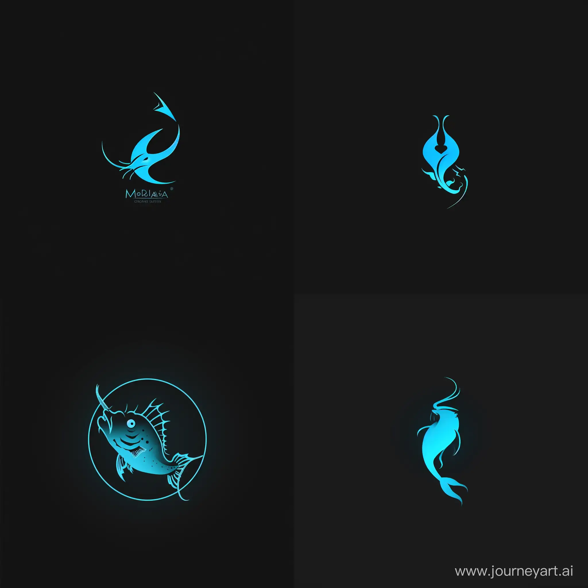 создать логотип, где в центре будет изображен кислотно-синяя рыба-удильщик на черном фоне. настроение у медузы спокойное. логотип должен быть немного минималистичным, а рыба-удильщик должна немного светиться синим свечением.