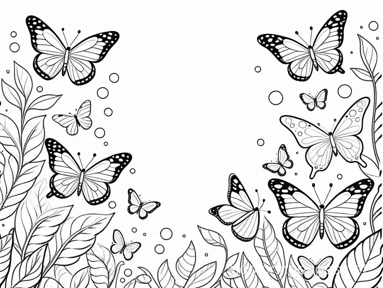 butterflies, Coloring Page, black and white, line art, white background, Simplicity, Ample White Space. The background of the coloring page is plain white to make it easy for young children to color within the lines. The outlines of all the subjects are easy to distinguish, making it simple for kids to color without too much difficulty