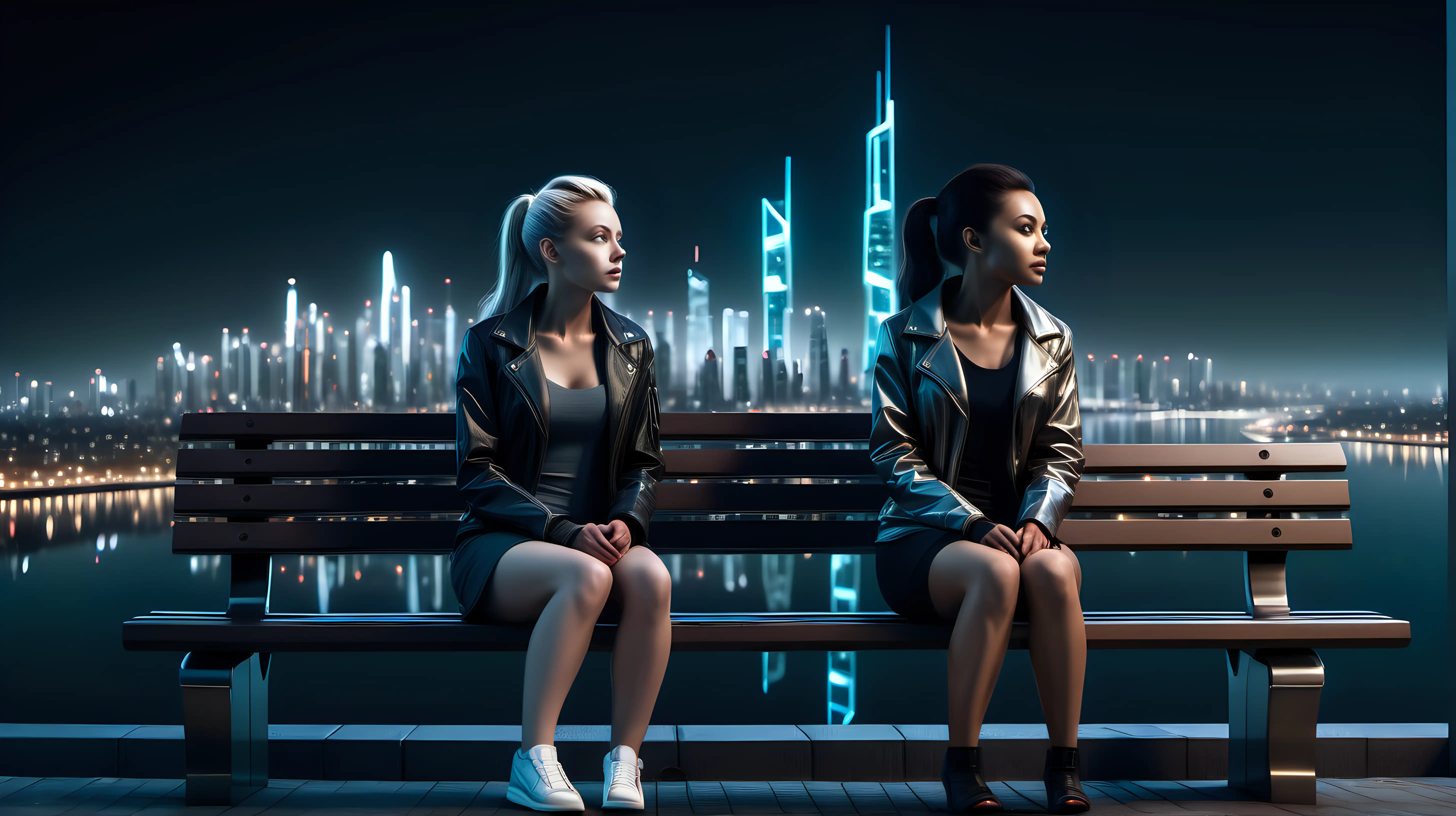 ultra-realistic high resolution and highly detailed photo of 2 human females, sitting on a bench with a futuristic city in the background at night