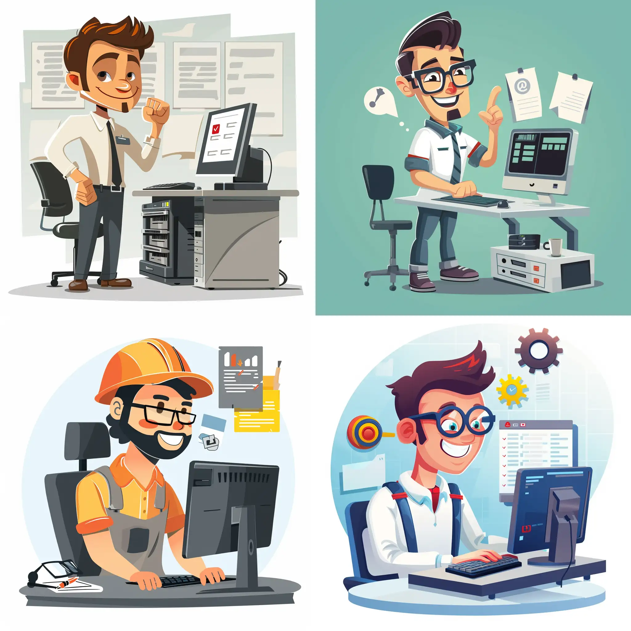 Cartoon computer technician showing qualities trust, quality, experience