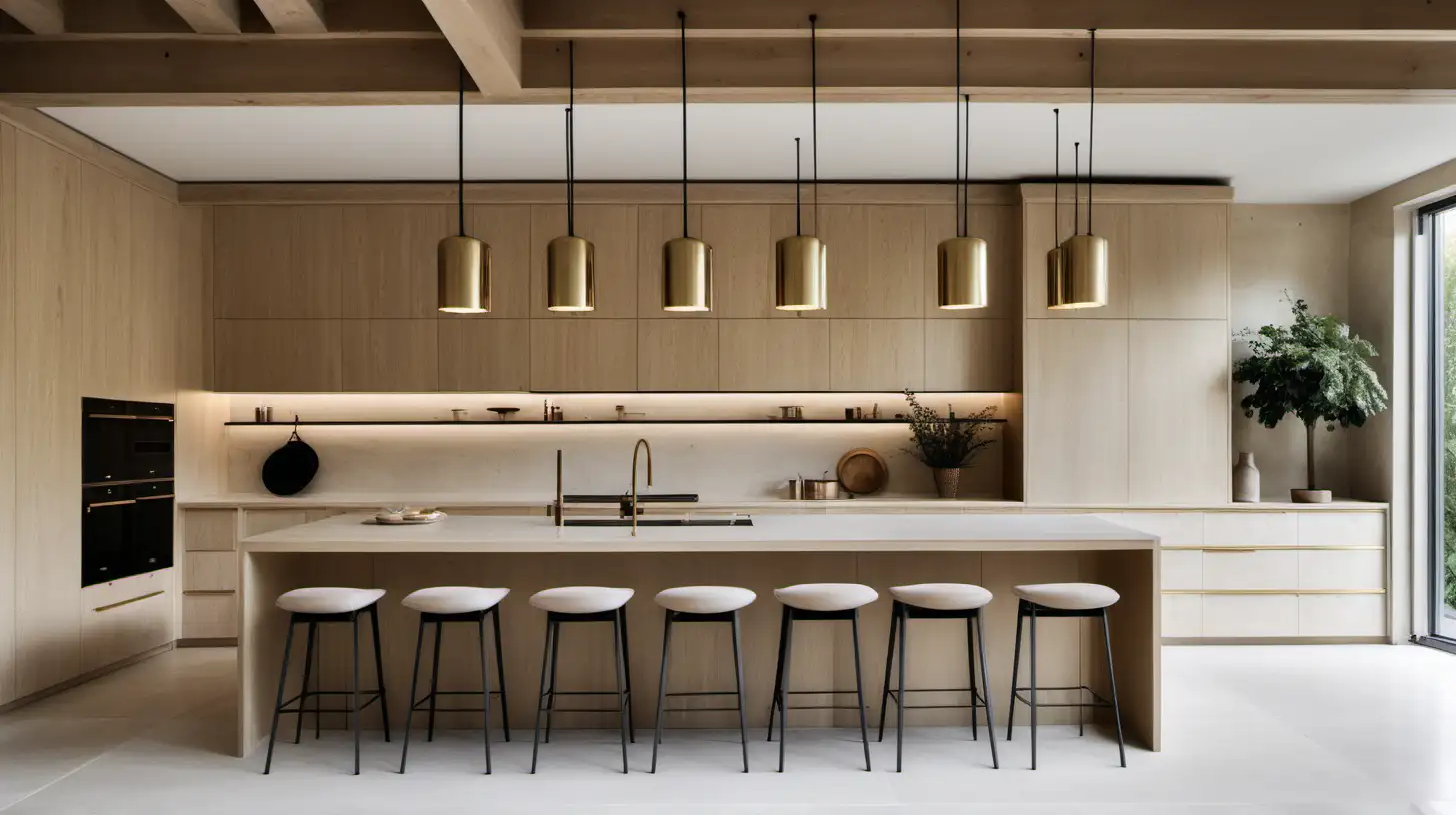 A classic contemporary large minimalist home kitchen with limewash walls in Bauwerk Bone; blonde oak cabinets; brass lighting; high ceilings;