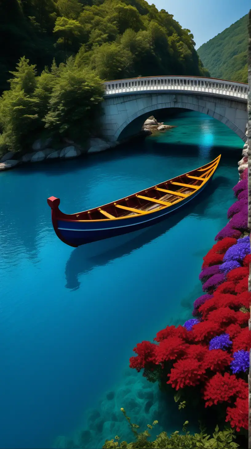 Golden Boat Passing Beneath a Chrome Bridge Adorned with Red Blue and Purple Flowers