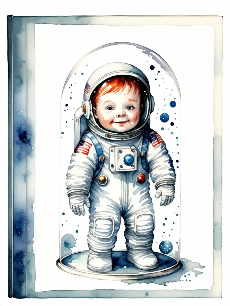 Cute astronaut, face not visible behind the glass,  watercolour story book illustration on a solid white background