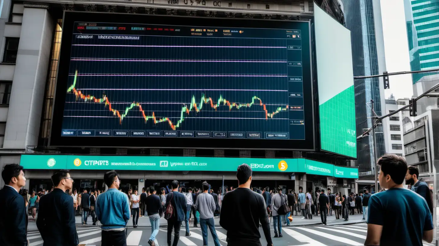 街道边交易所街面上的大屏幕，大屏上是各种数字货币和交易曲线。人们站在大屏屏下观看