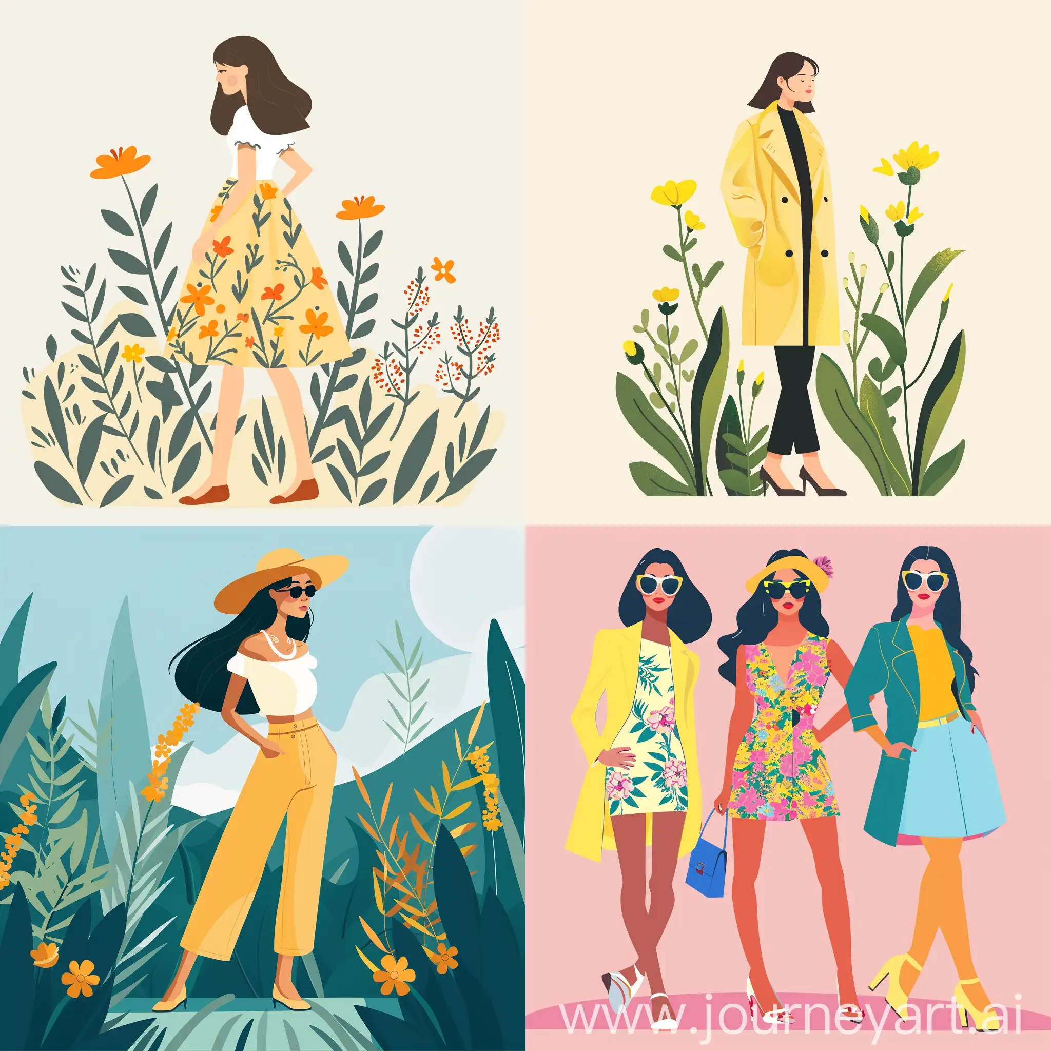 Spring fashion illustration, high quality, HD, in flat style