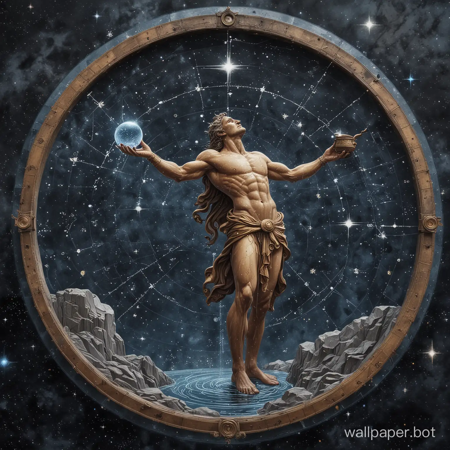 The logo of the constellation, God of the Sky, a mythological depiction on a star map of a man pouring water from a vessel, a work of art