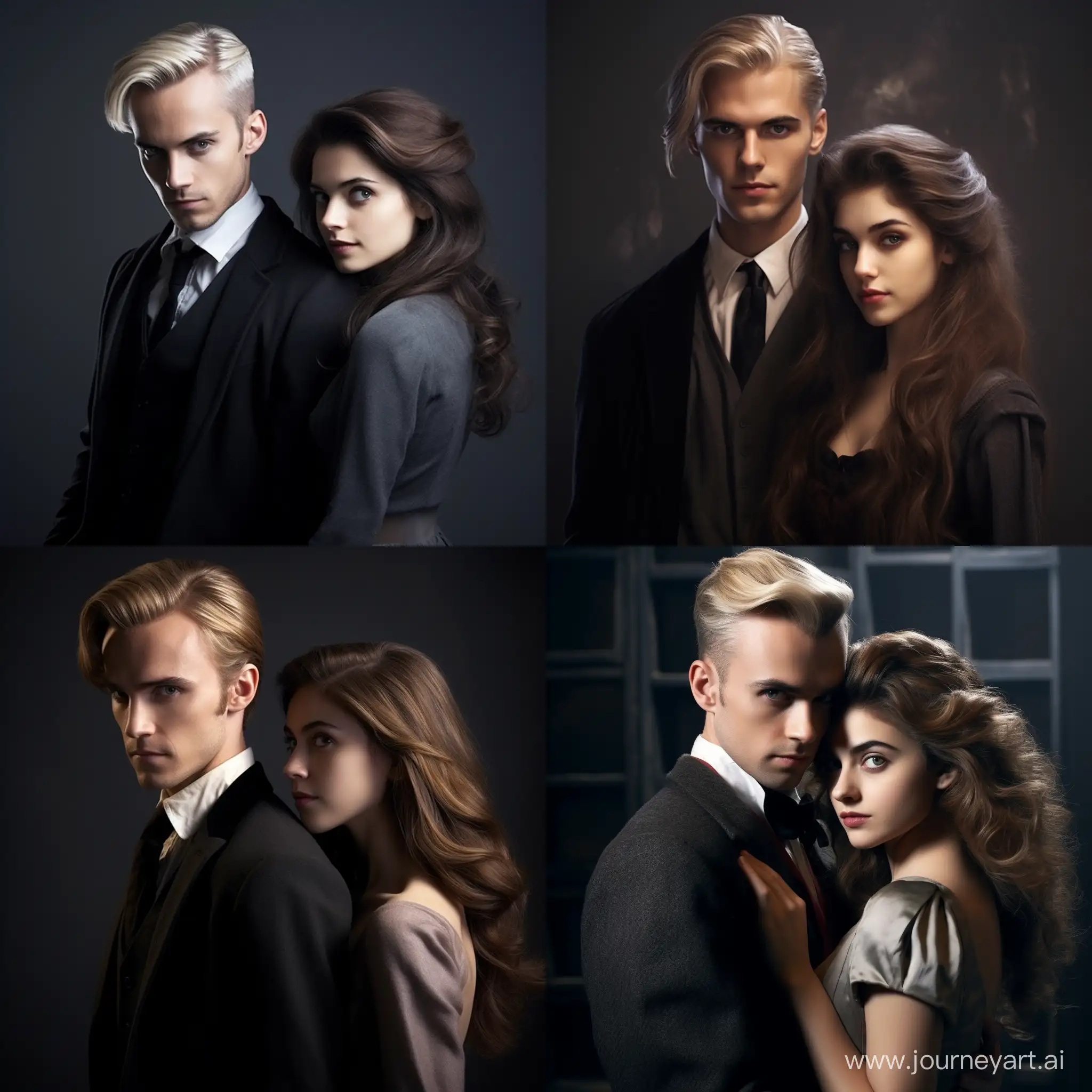 Draco Malfoy and Hermione Granger. Hermione is a brunette!  They are at Hogwarts