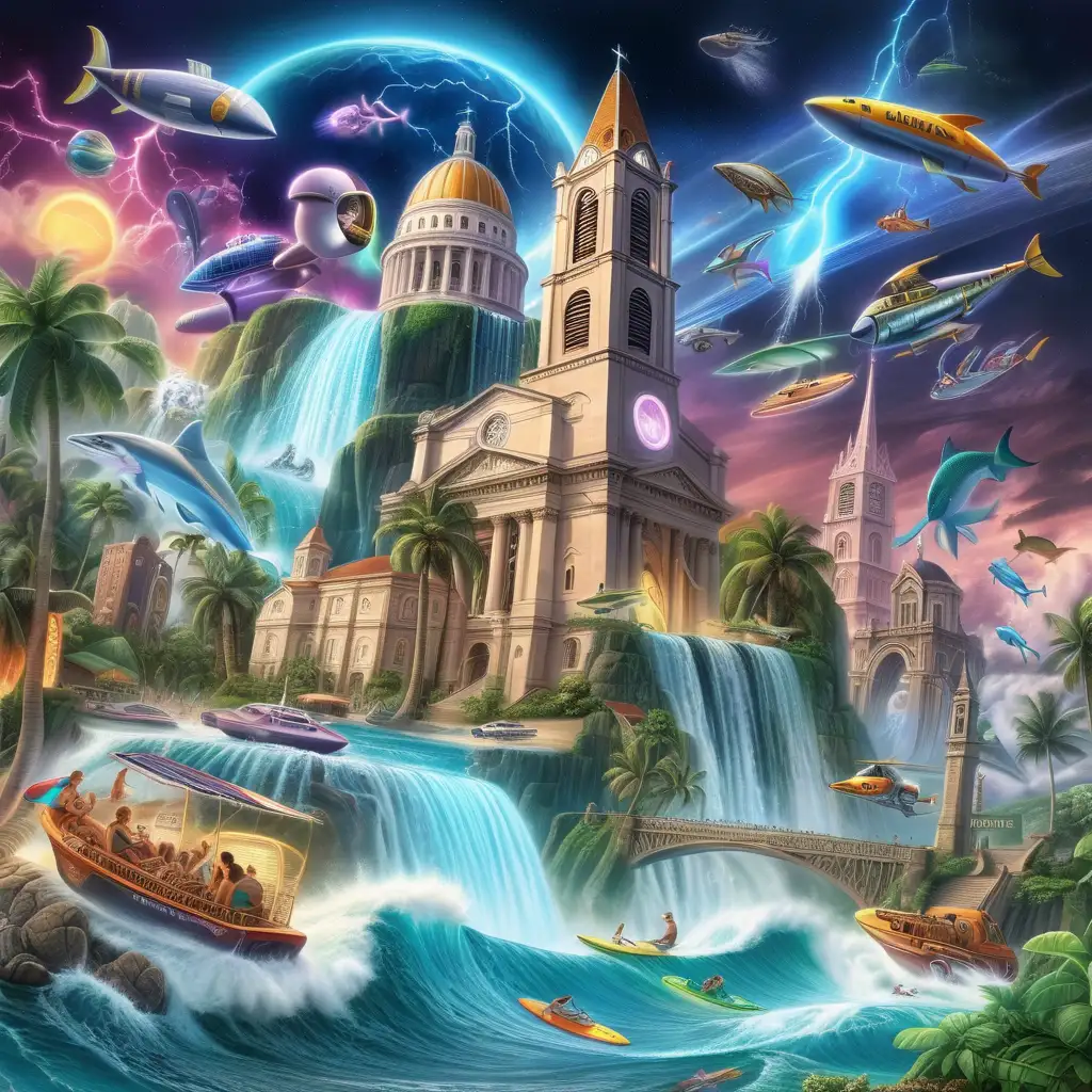 war and tanks and battleships and food and teleportation and churches and tropical animals and catholic statues and a waterfall and musical notes in city in paradise with thunder and planets and a solar eclipse and tornadoes and neon tsunamis and surfers and flying fish