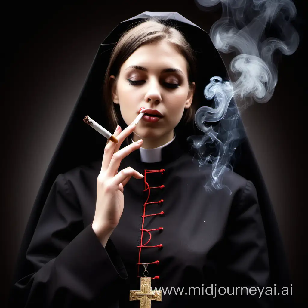 Smoking girl under bishop`s cassock
