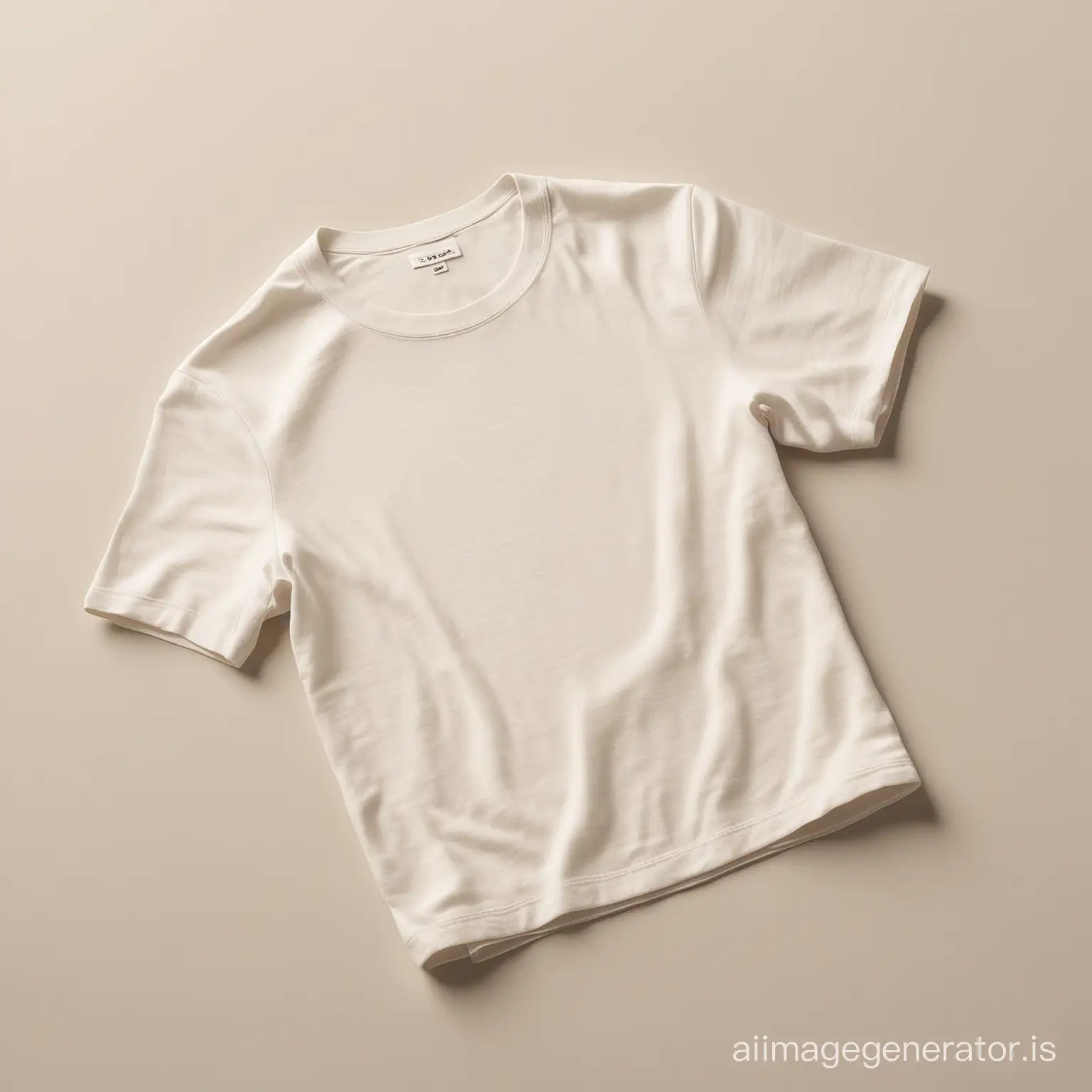 Super-realistic studio photo of a t shirt cotton  in a rich, ivory color. Natural daylight streams in from the side, casting soft shadows that highlight the cotton texture of the cotton. Background is a seamless white paper with a subtle texture, creating a clean, luxurious feel. Background is a photostudio. Overall aesthetic is high-end, minimalist, and inviting, reminiscent of a Zara brand catalog.