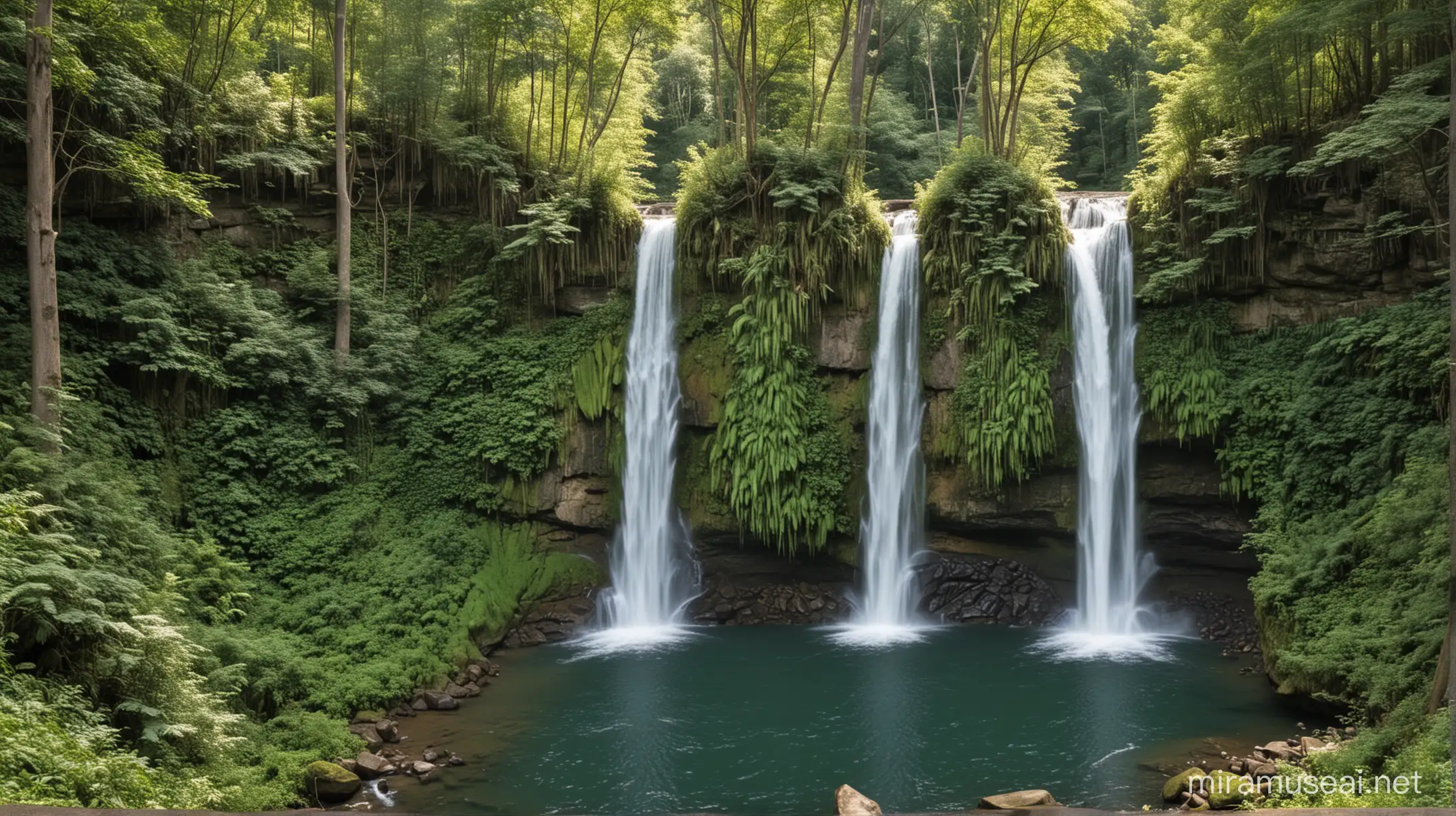 Spectacular Dual Waterfalls Cascading Through Lush Forest Canopy