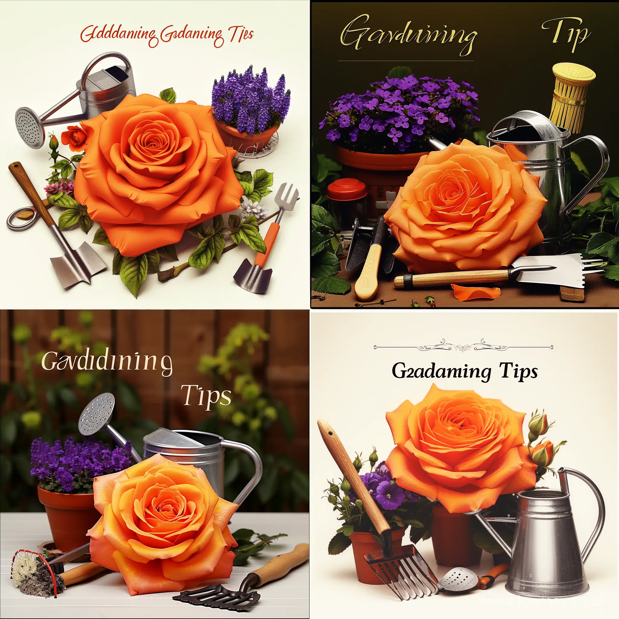 an orange rose with a couple of gardening items like a watering can, fork, hoe and a pot of purple flowers, the words "Gardening Tips" on the picture