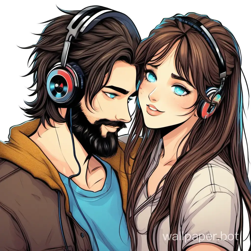 a chubby face cute 24 year old hippie girl blue eyes long brown hair with bangs kissing a 24 year old handsome male with black hair in a manbun and a scruffy black colored beard with his hazel eyes and blushing cheeks while having headphones on