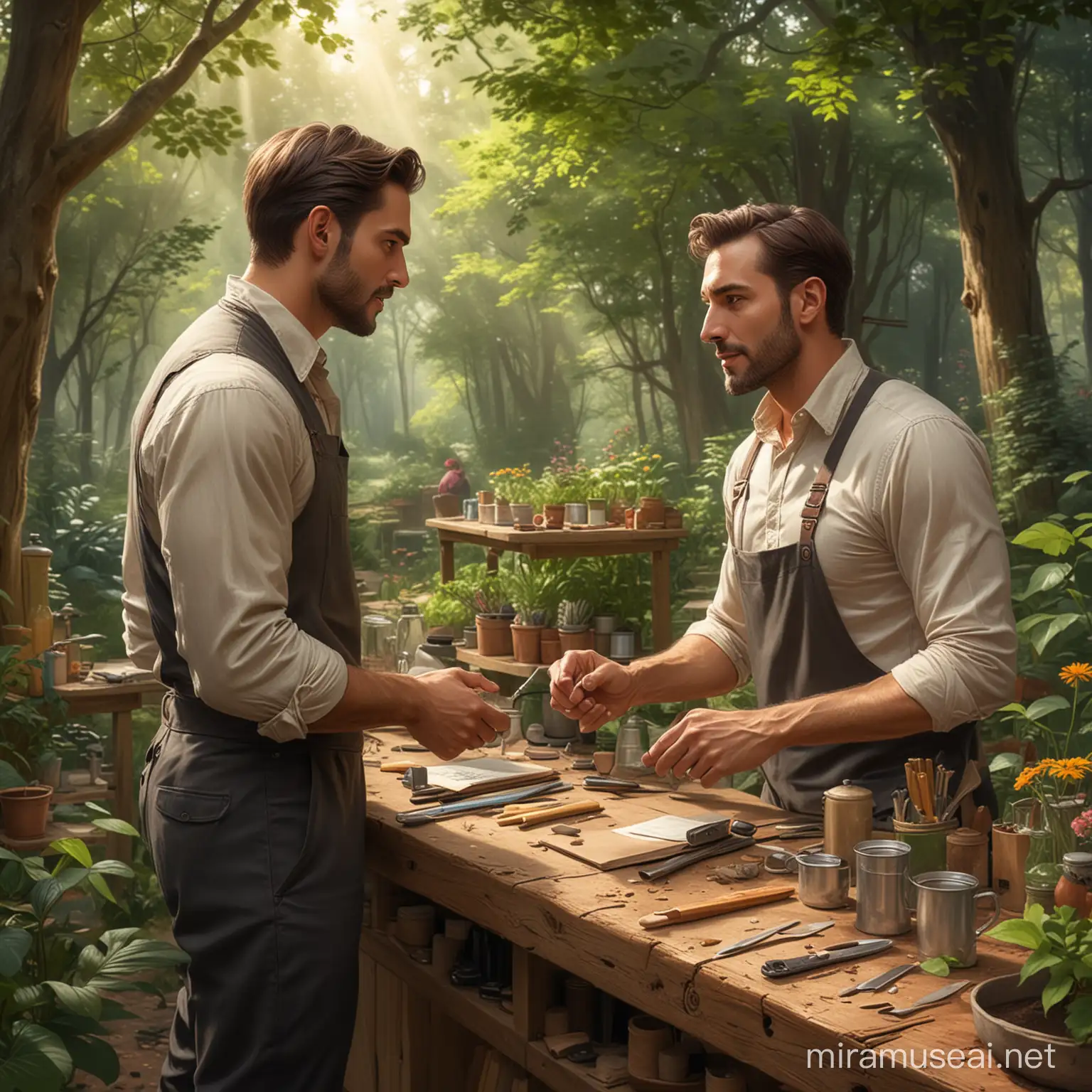 Describe a man behind a counter, talking to a handsome representative, in a forest and garden workshop, digital art