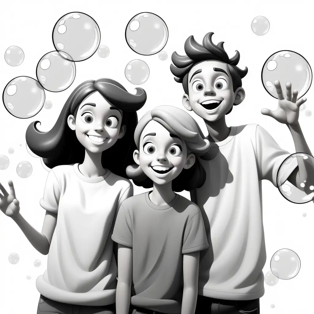 black and white, [happy teens people in bubbles], simple, white background, cartoon like, fewer