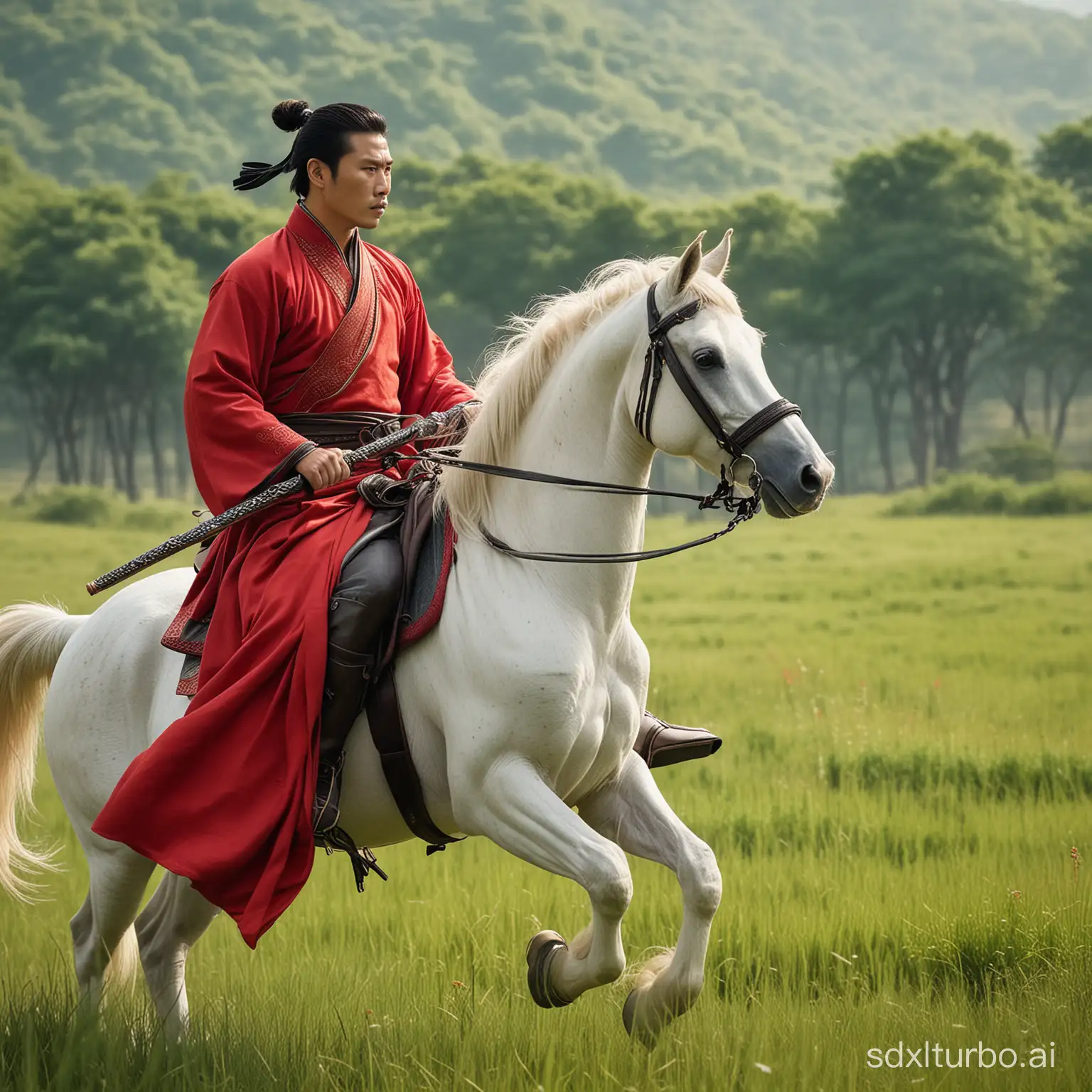 High quality, high-resolution, with a background of green grassland, red clothes, ancient style, Chinese, handsome man, wielding a sword in the right hand, holding a reins in the left hand, riding a white horse, the horse jumps up