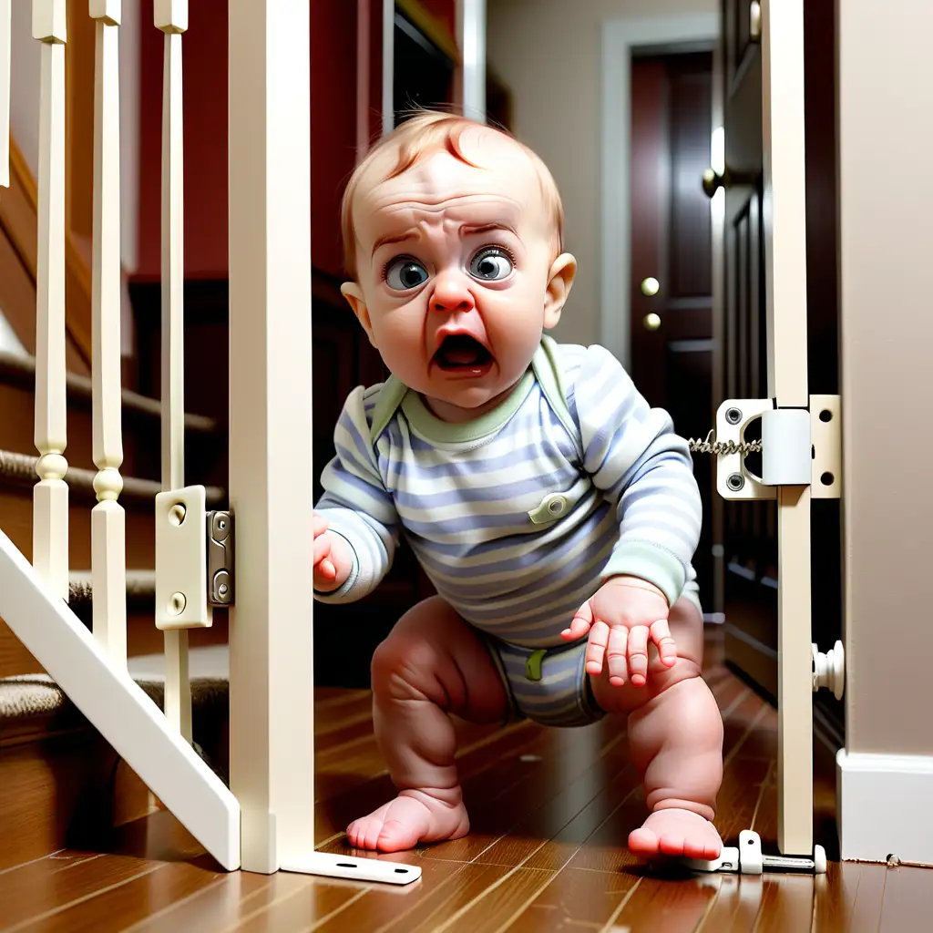 unhappy baby looking at broken stairgate latch
