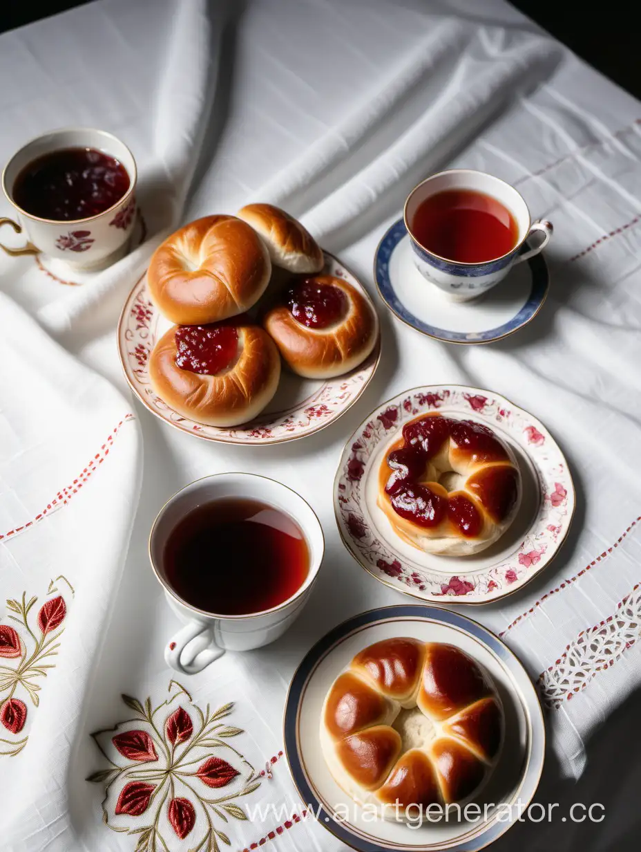 Cozy-Morning-Breakfast-Scene-with-Tea-Bun-and-Jam-on-White-Embroidered-Tablecloth