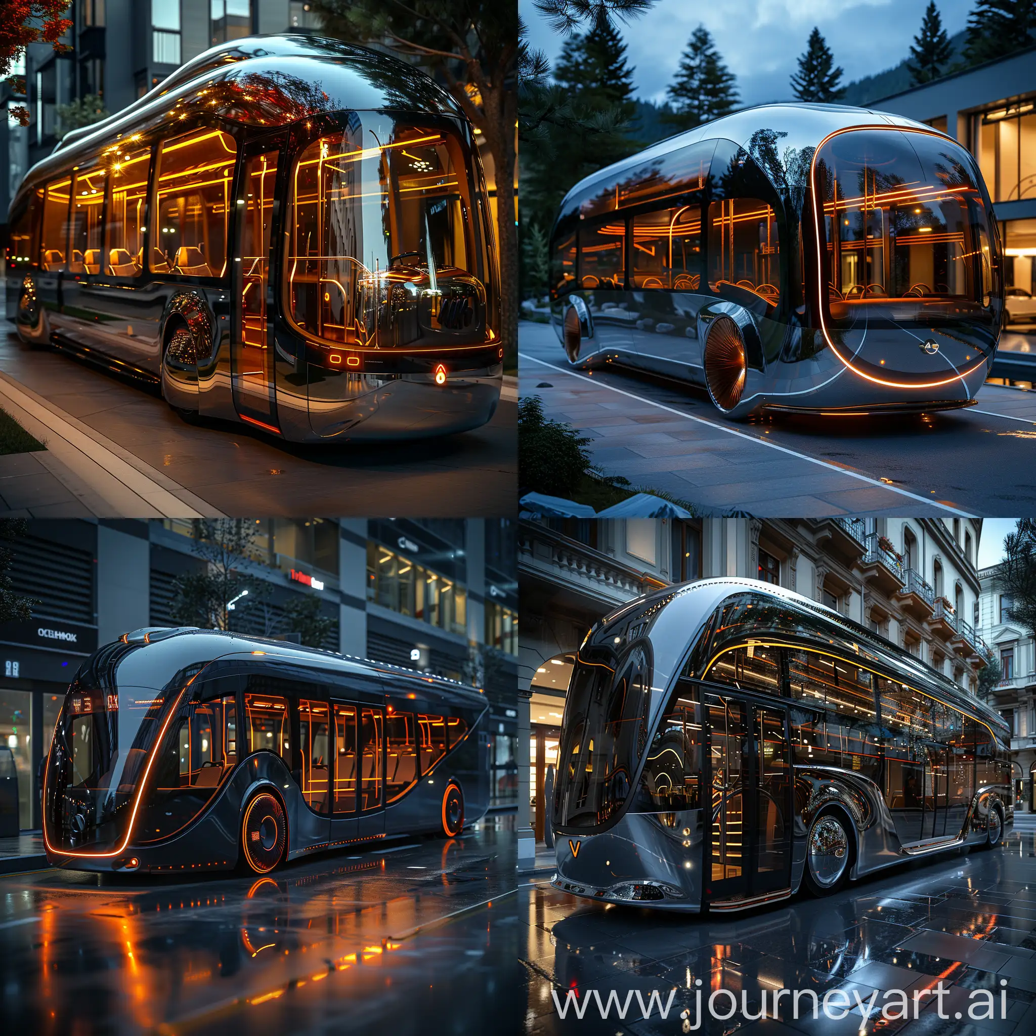 Futuristic bus, ultra-modern, ultramodern, stainless steel, smart materials, high tech, octane render --stylize 1000