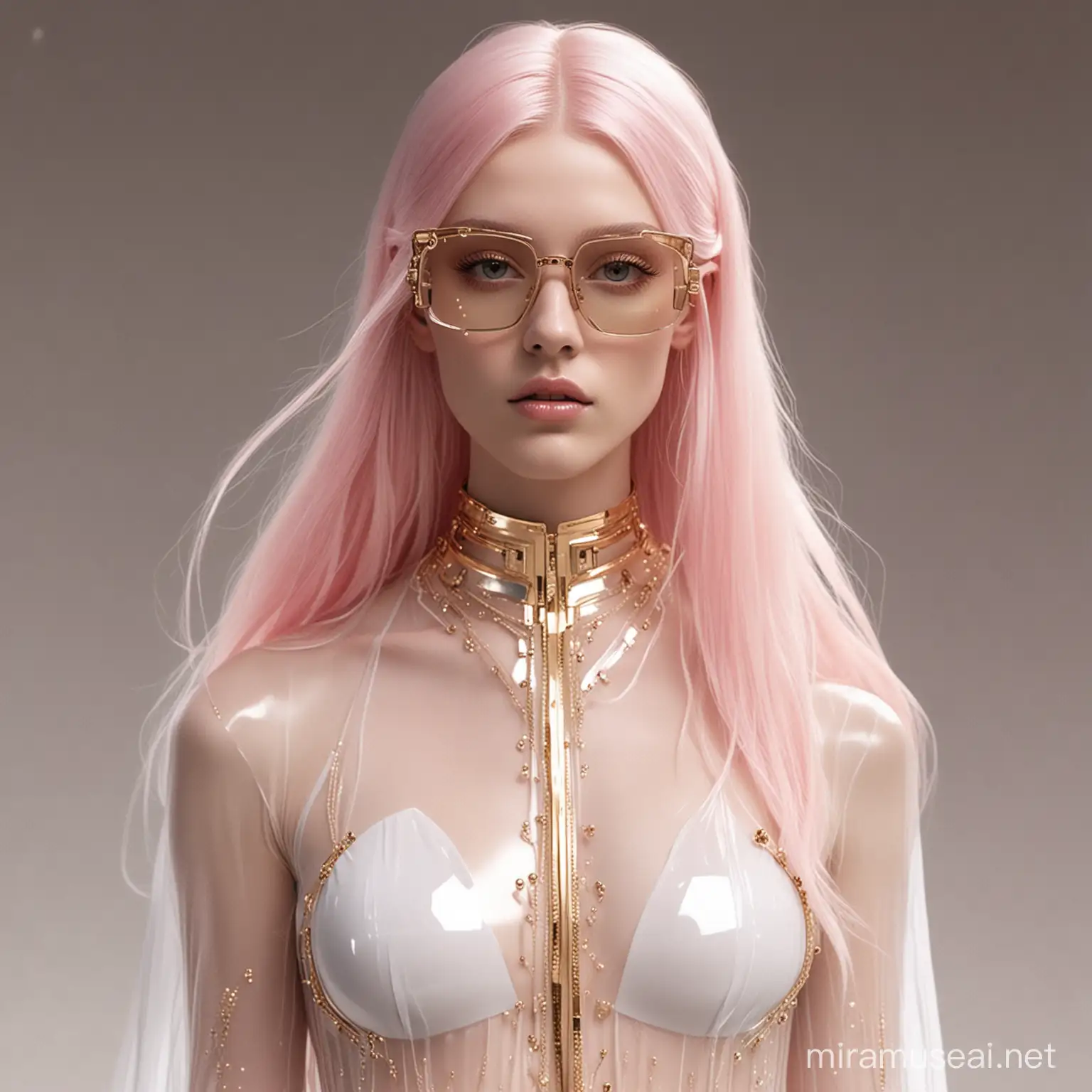 futuristic goddess, minimalistic, in floaty futuristic white and gold semitransparent clothing, ethereal long light pink hair, very edgy and beautiful, good design sense, in the style of Gucci, highly detailed, movie quality