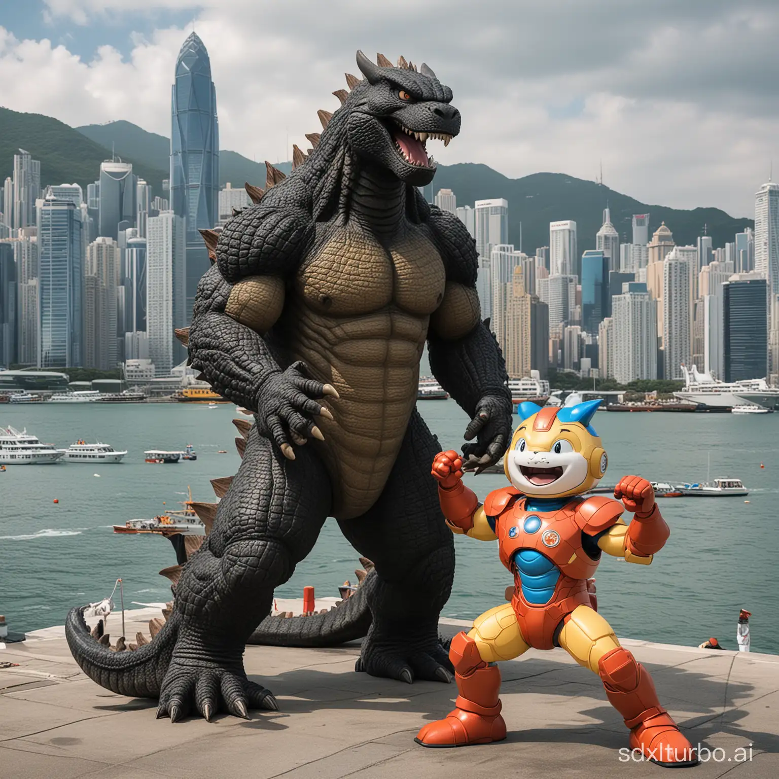 Godzilla and Iron Man wrestle at Victoria Harbour in Hong Kong, with Doraemon, Dora, and other protagonists cheering on the sidelines, Dragon Ball protagonist Son Goku serves as the referee, and Phil as Godzilla's coach.