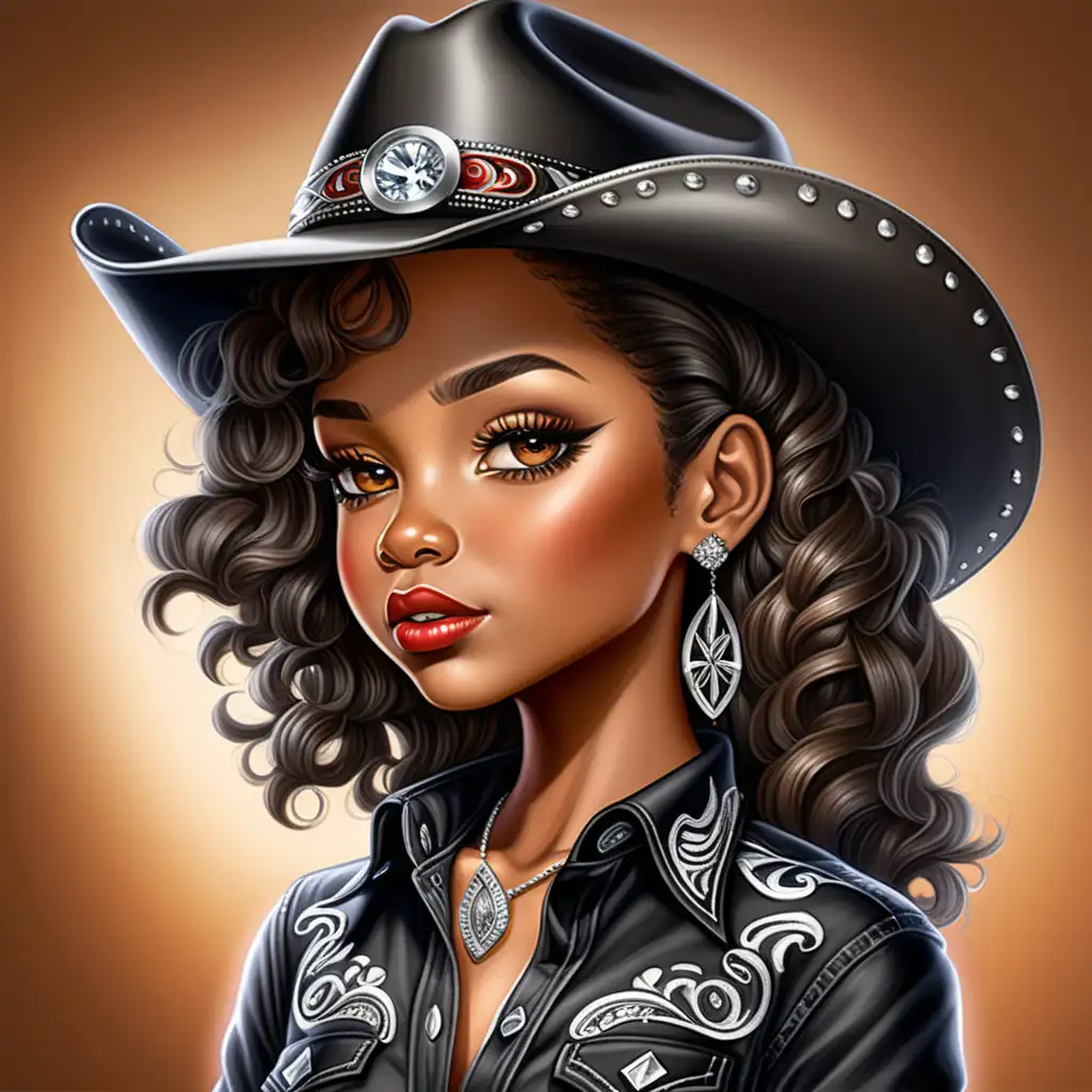 Envision a hyper-realistic chibi-style, air brushed illustration, portrayal featuring a strikingly beautiful caramel- skinned, African American woman, This detailed depiction showcases her portrait, half length, direct gaze, with impeccable makeup, long lashes, beautiful lips, and eye-catching black loose wavy hair, wearing a black cowboy hat, a red button up western shirt, wearing a black cowboy hat, a red button up western shirt, rhinestone bling jewelry, Meticulous attention to intricate details, Transparent background