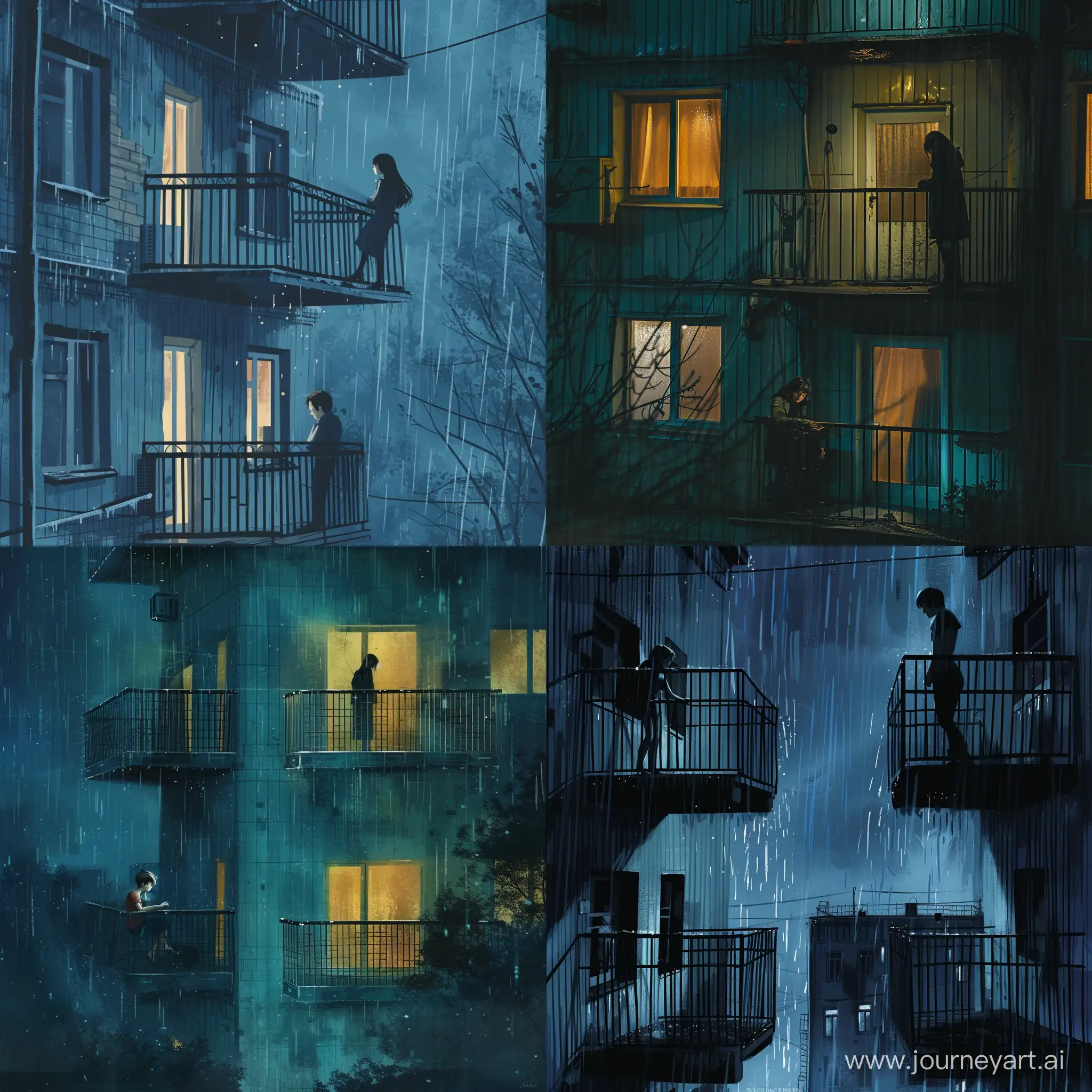 a girl and a man on different balconies of a Soviet panel building in the night rain minimalism