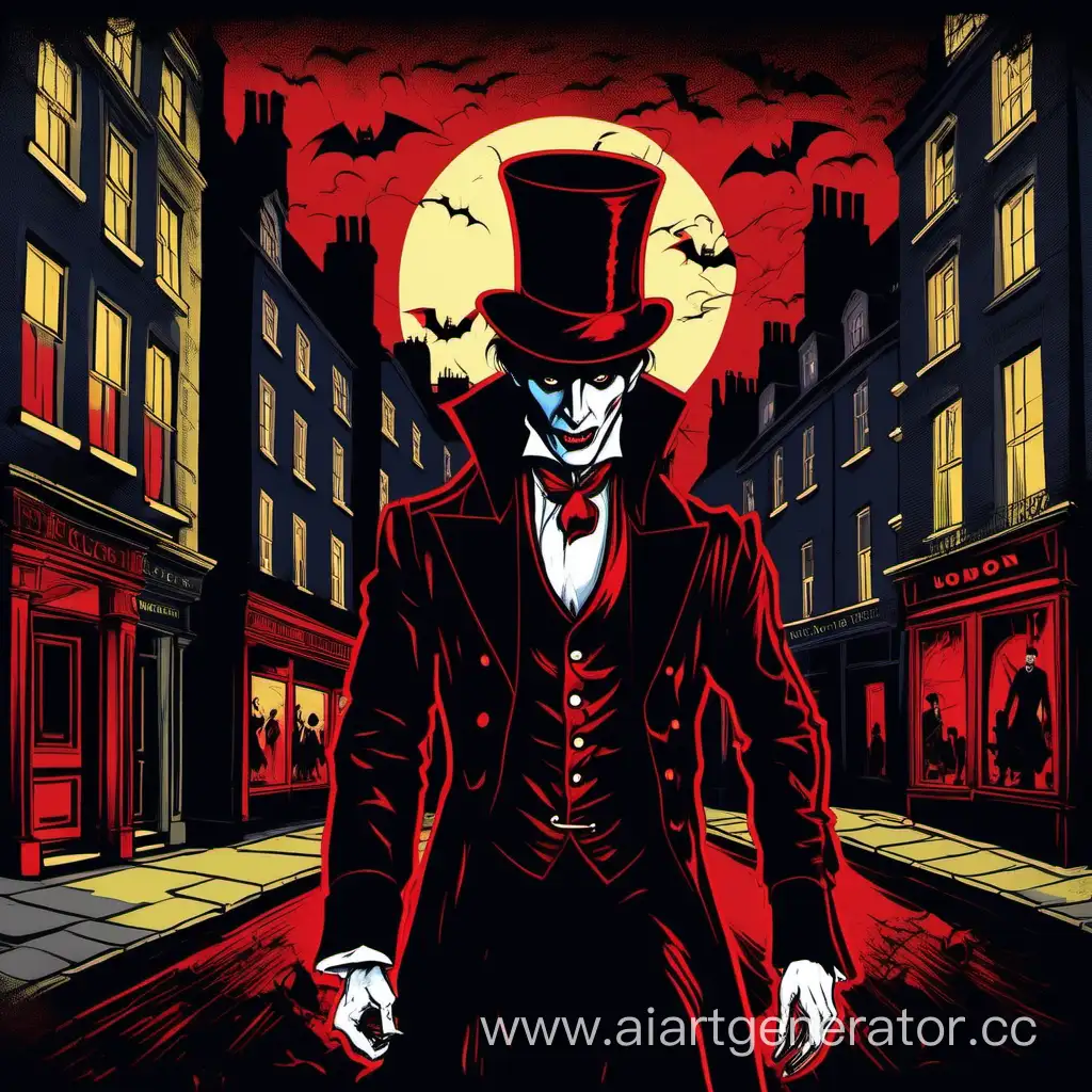 Вампир в цилиндре, на фоне борделя, черный и красный, Лондон