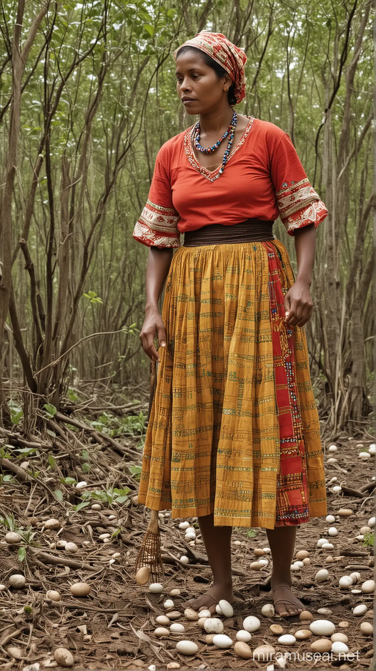 A Mashco Piro woman, dressed in traditional attire, searches for turtle nests deep in the forest and collects eggs, which are a vital source of sustenance.
