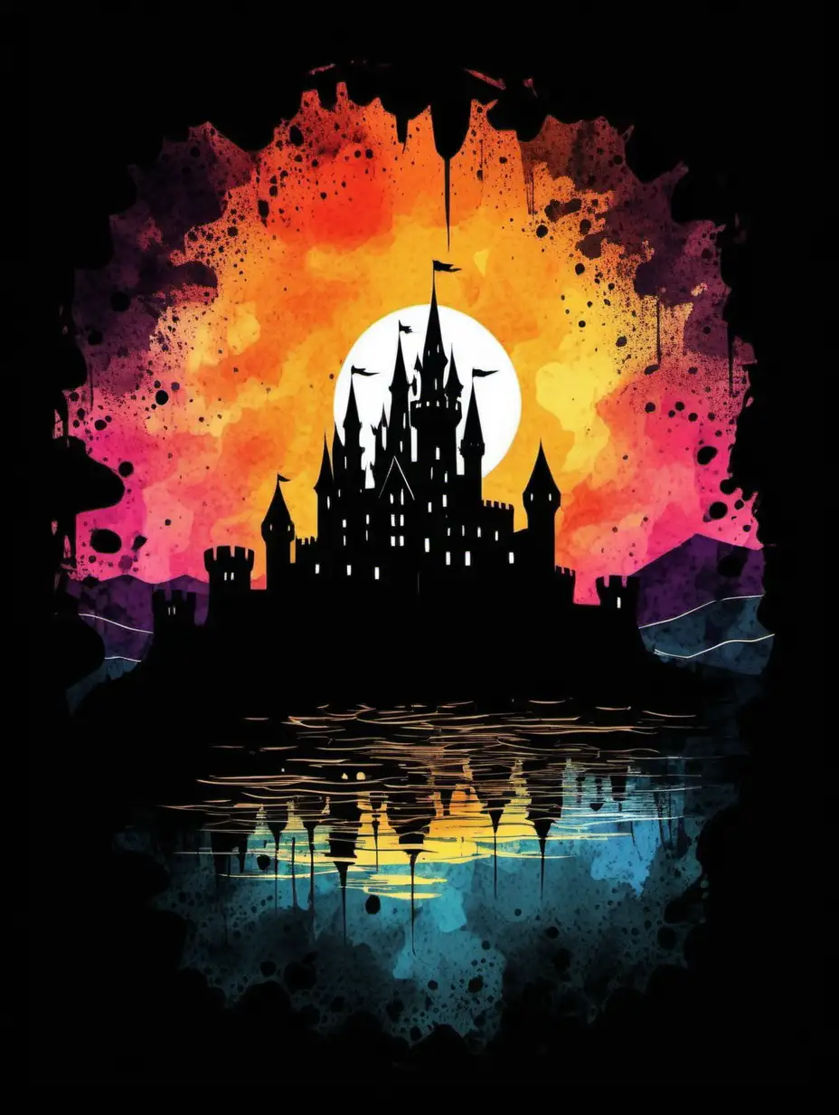 A silhouette of a sunrise behind a medieval castle

Style: Bright water Colour.
Mood: Grunge

T -shirt design graphic, vector, contour, black background.