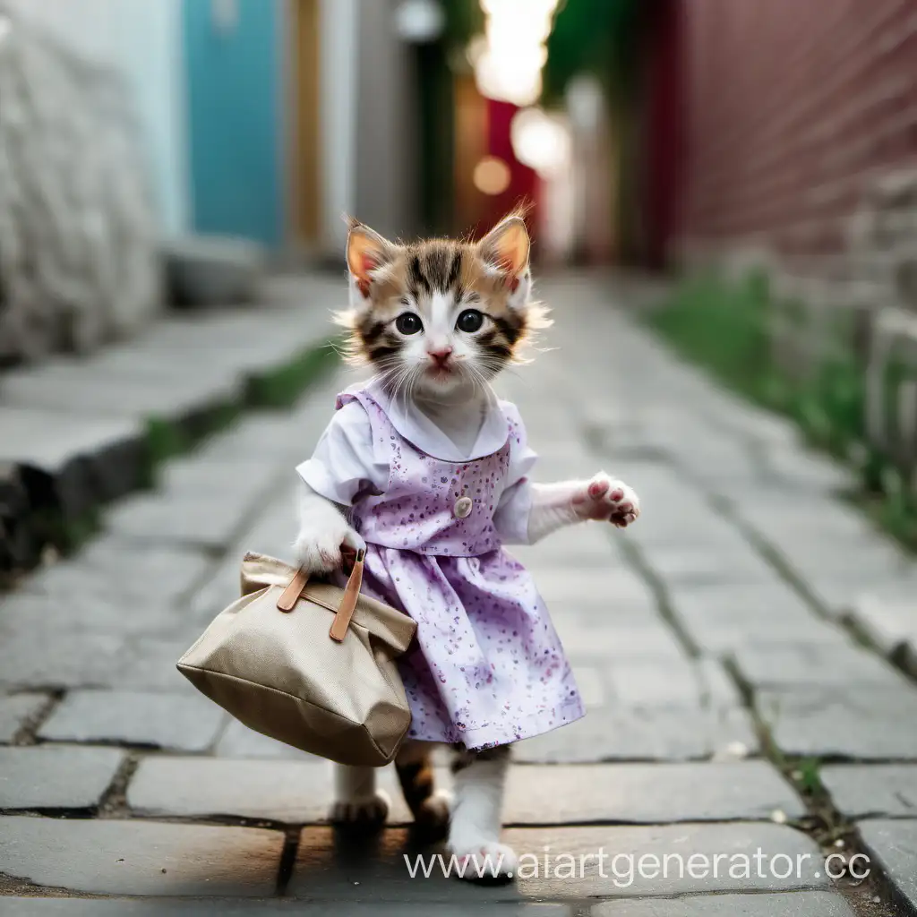 Adorable-Kitten-in-Stylish-Dress-Strolling-Down-Alleyway-with-a-Bag