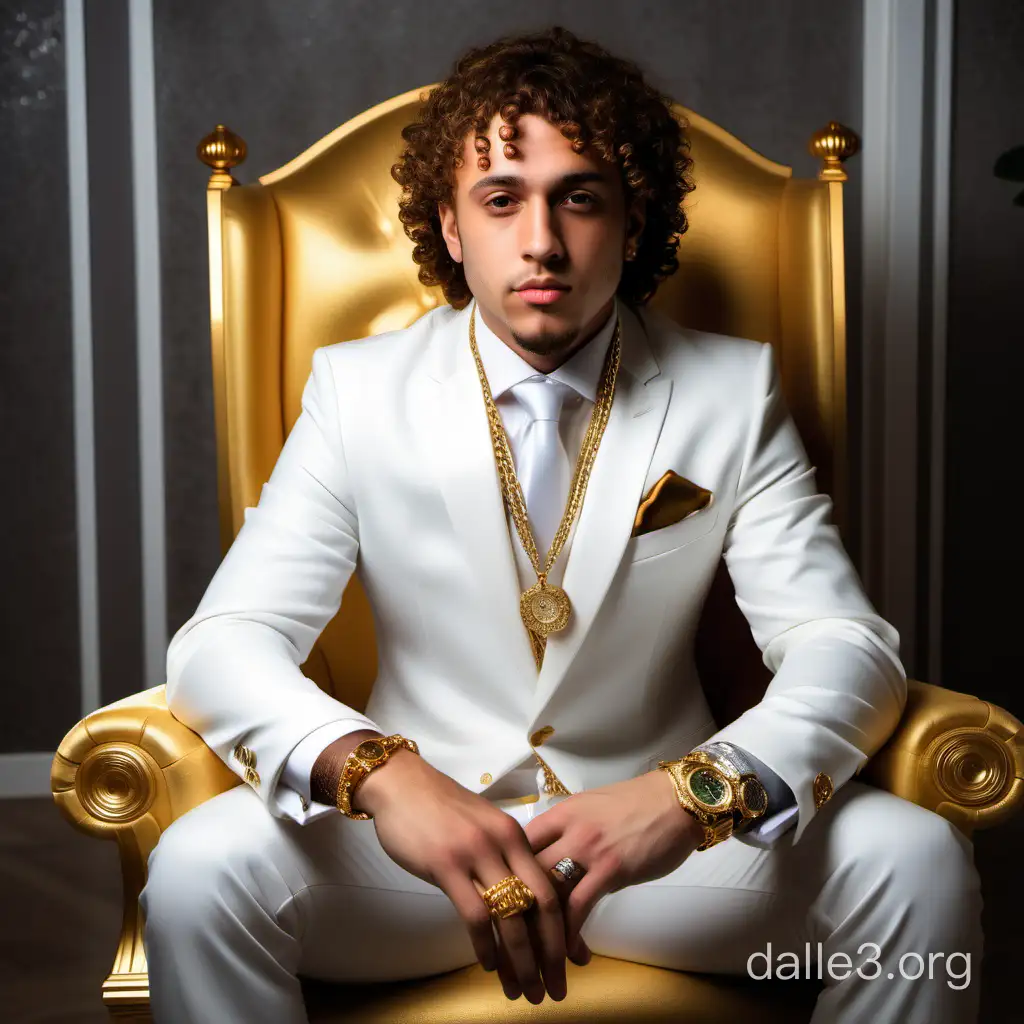 Young Curly Man wearing White elegant suit with expensive golden chains and multiple golden Rolexes. Rich. Looking at camera. Sitting on expensive golden white chair in his house. Very succesful and Conceited. Very realistic